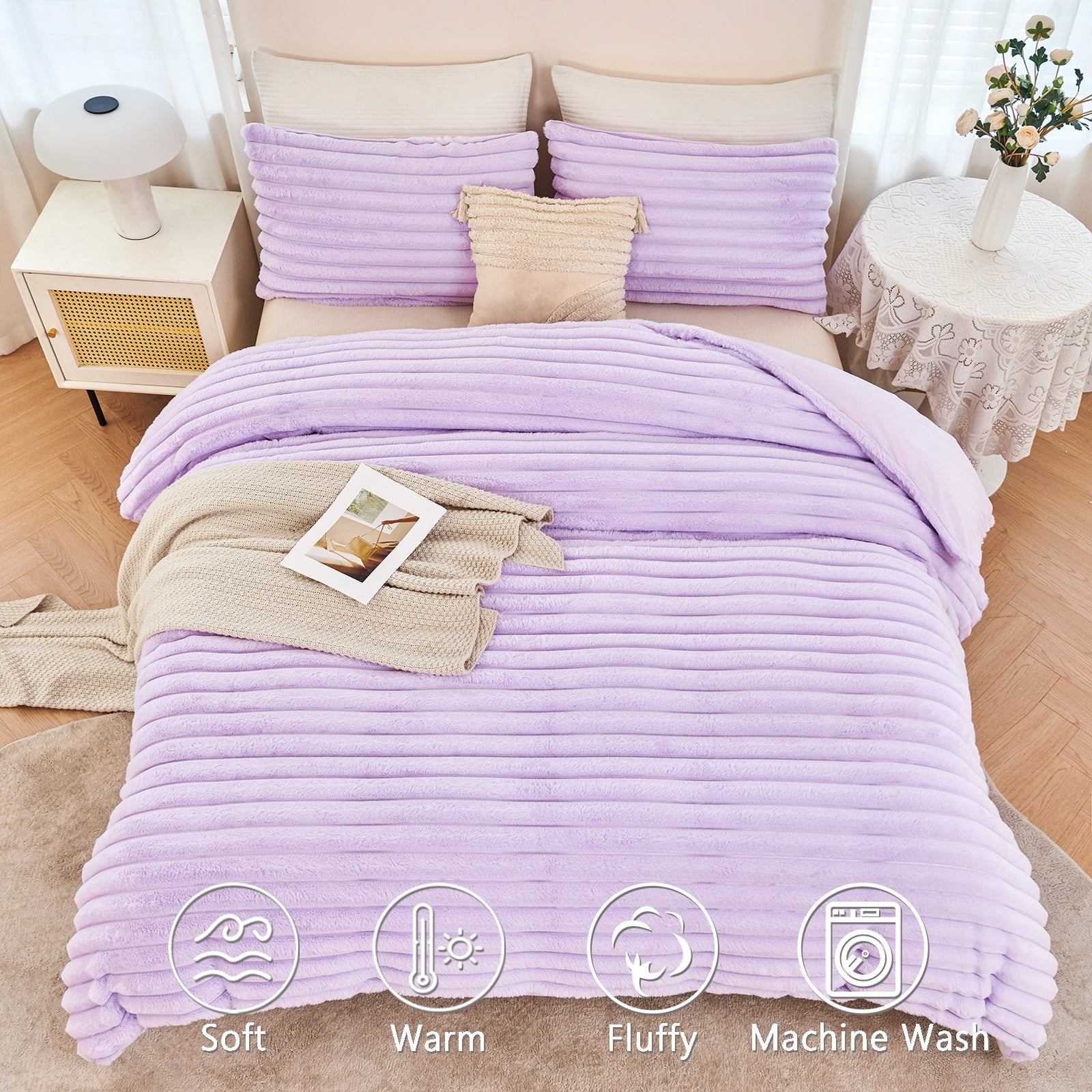 Heavyweight Warmth Fleece Twin Comforter Set, Light Purple Super Soft Furry Plush Bedding, Luxury Fluffy Fuzzy Heavy Bed Set for Winter ... - Luxurious Quilted Duvet Cover Set Detail