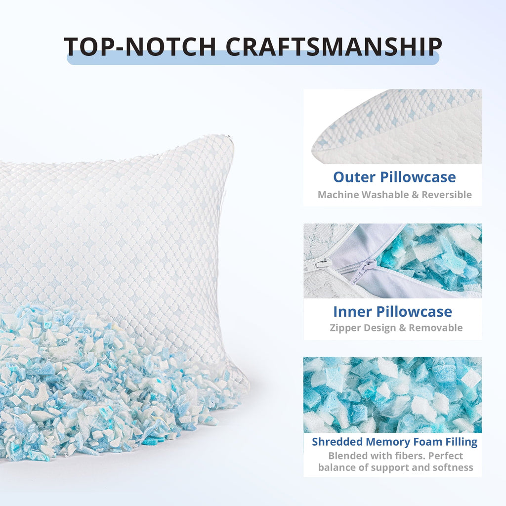 Decorative Plump 2-Pack Adjustable Cooling Bed Pillows, Shredded Memory Foam Pillows Set of 2, Standard Queen, Dual Sides - Ergonomic Memory Foam Pillow for Neck Pain Support Detail