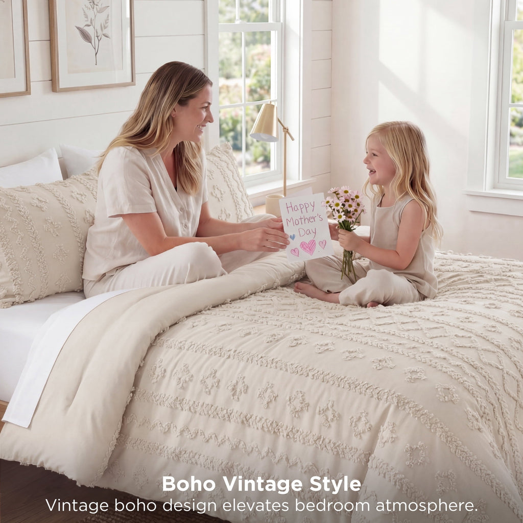 Fluffy Down Alternative Tufted Boho Comforter Set Queen, Beige, 3 Pieces Farmhouse Shabby Chic Embroidery Bedding Set, Soft Jacquard Comforte... - Luxurious Quilted Duvet Cover Set Detail