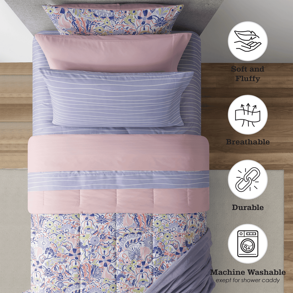 Fluffy Down Alternative 14pc College Dorm Essentials Bundle, Twin-XL, Reversible Bed in a Bag Comforter Set, Purple Floral - All-Season Down Alternative Comforter Insert Detail