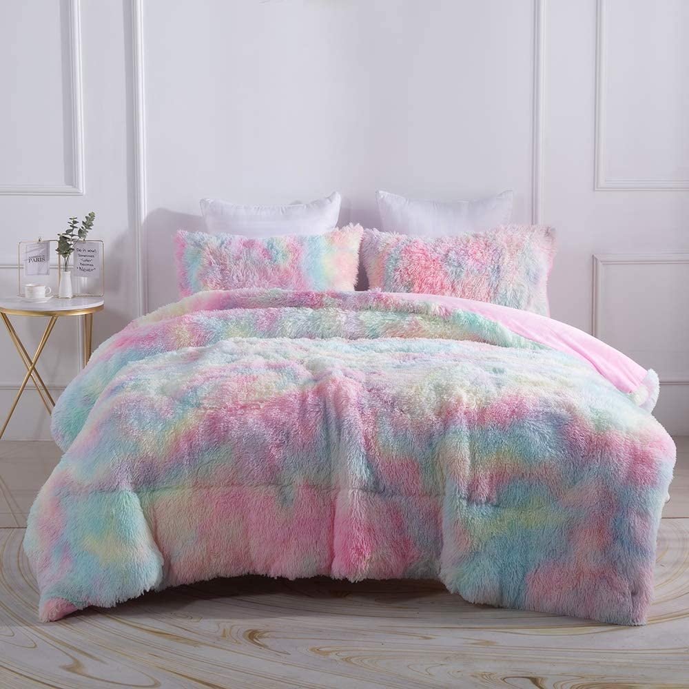 Hypoallergenic Cloud Plush Shaggy Comforter Set Fluffy Fuzzy Faux Fur Bedding Set - Microfiber Soft Warm Quilt Set(Rainbow Pink,Queen Size) - All-Season Down Alternative Comforter Insert Detail