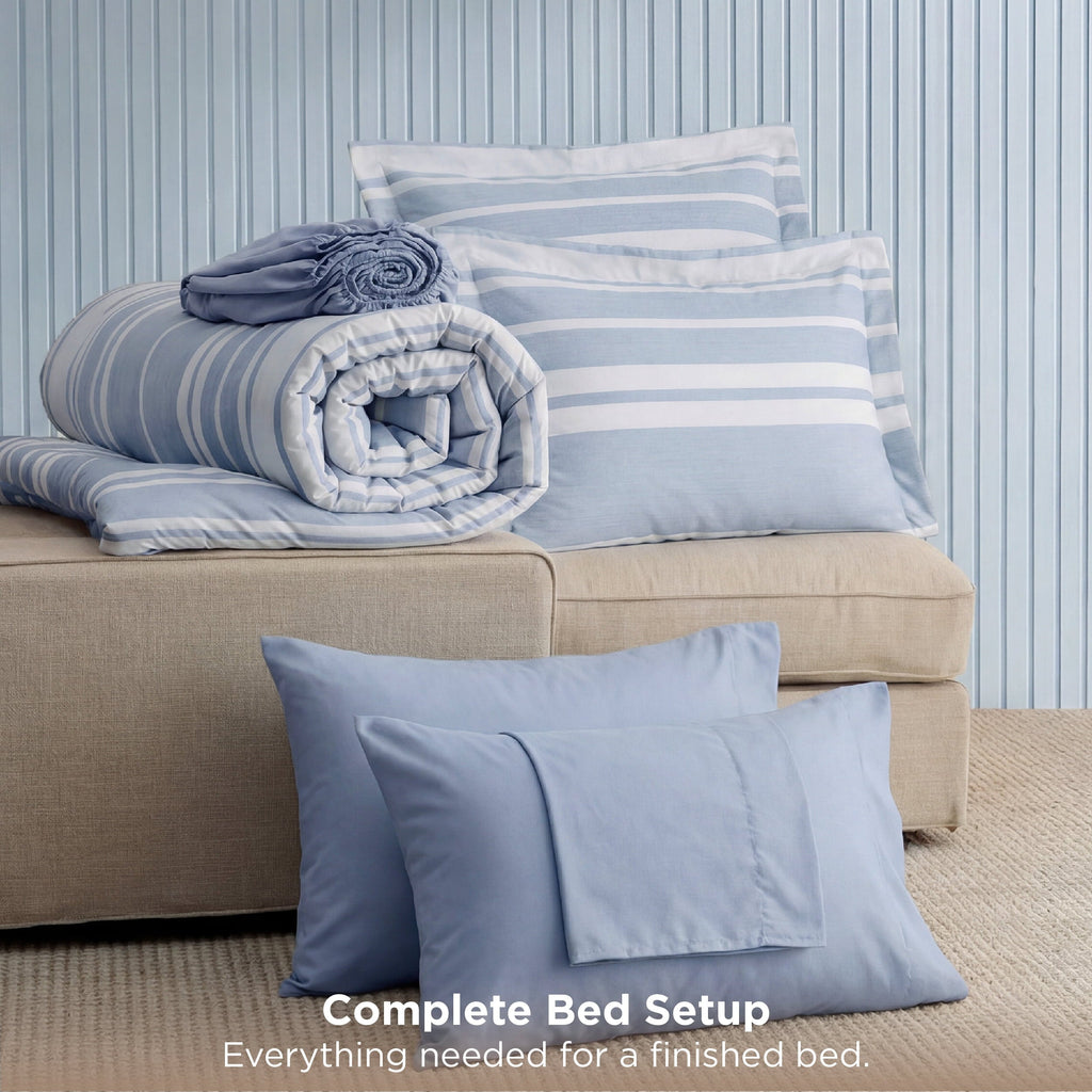 Luxurious Quilted Queen Comforter Set Blue, Bed in a Bag Queen Size Bedding 7-Pieces, Striped Bedding Set for All Seasons - Hypoallergenic Ultra-Fluffy Quilt for Winter Detail