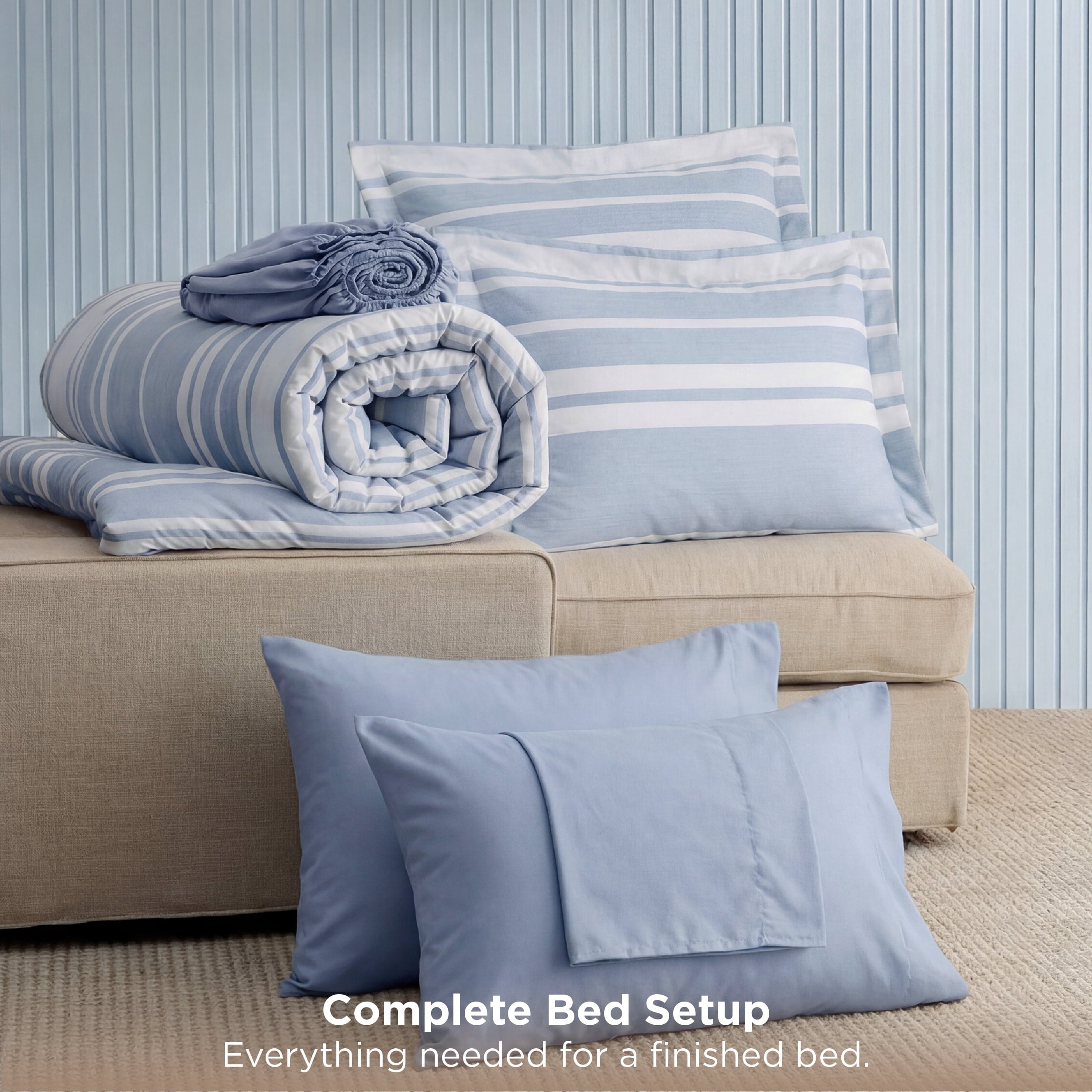 Luxurious Quilted Queen Comforter Set Blue, Bed in a Bag Queen Size Bedding 7-Pieces, Striped Bedding Set for All Seasons - Hypoallergenic Ultra-Fluffy Quilt for Winter Detail