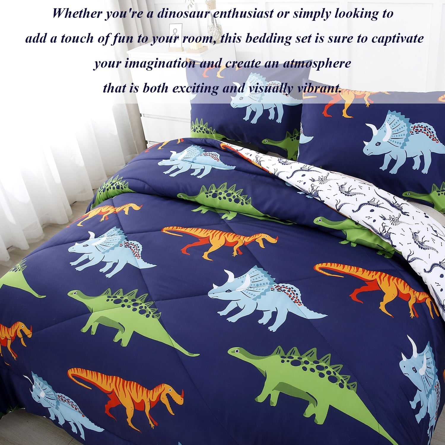 Heavyweight Warmth 3 Pcs Dinosaur Twin Size Bedding Sets for Boys, Dinosaur Printing Boys Comforter Set, Blue and White Reversible Bed C... - Cloud-Like Soft Lightweight Bed Comforter Detail