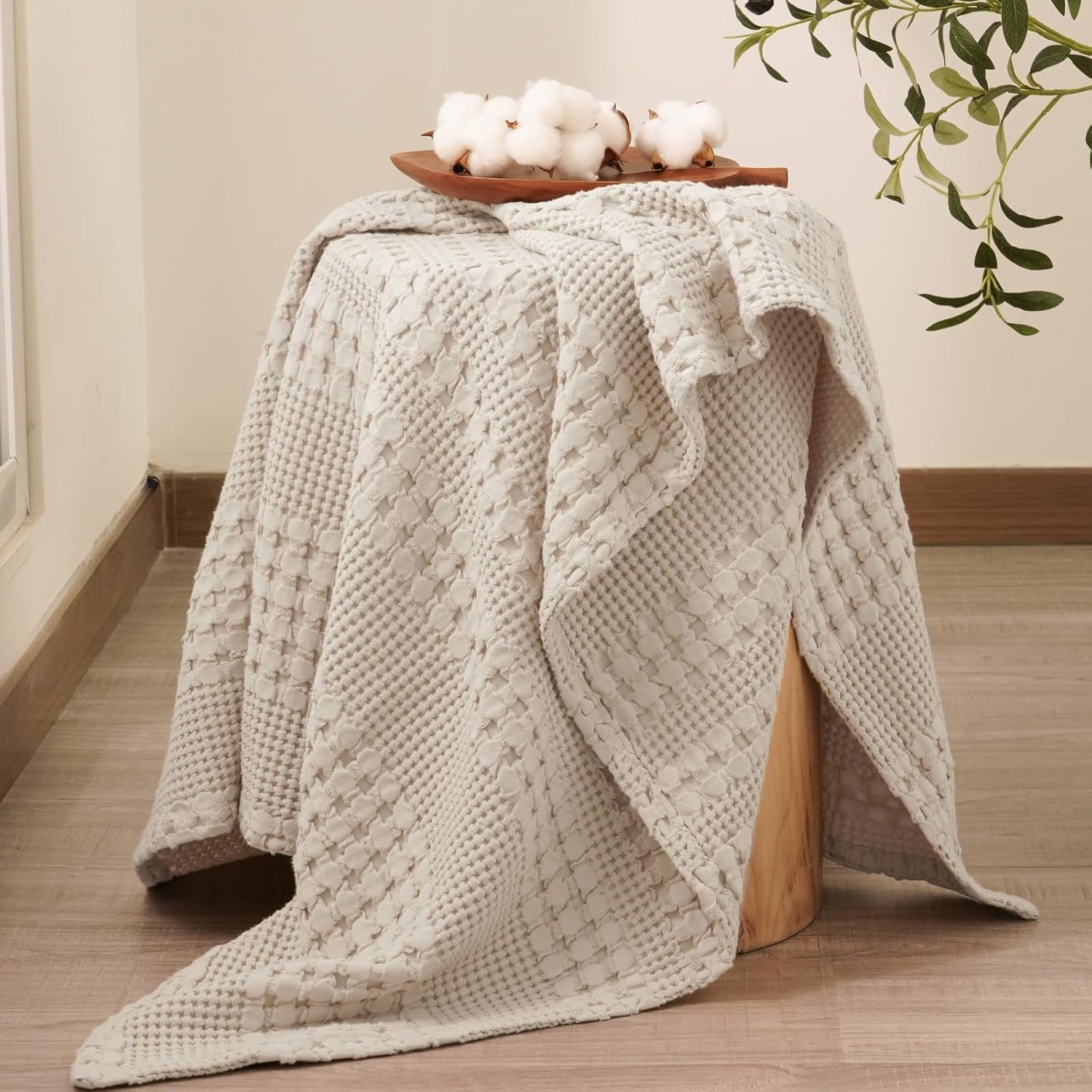 Decorative Knitted 100% Cotton Waffle Weave Blanket, Lightweight Throw Washed Blanket for Bed Sofa Home Decor, Oatmeal, 50"x60" - Lightweight Plush Warm Blanket for All Seasons Detail
