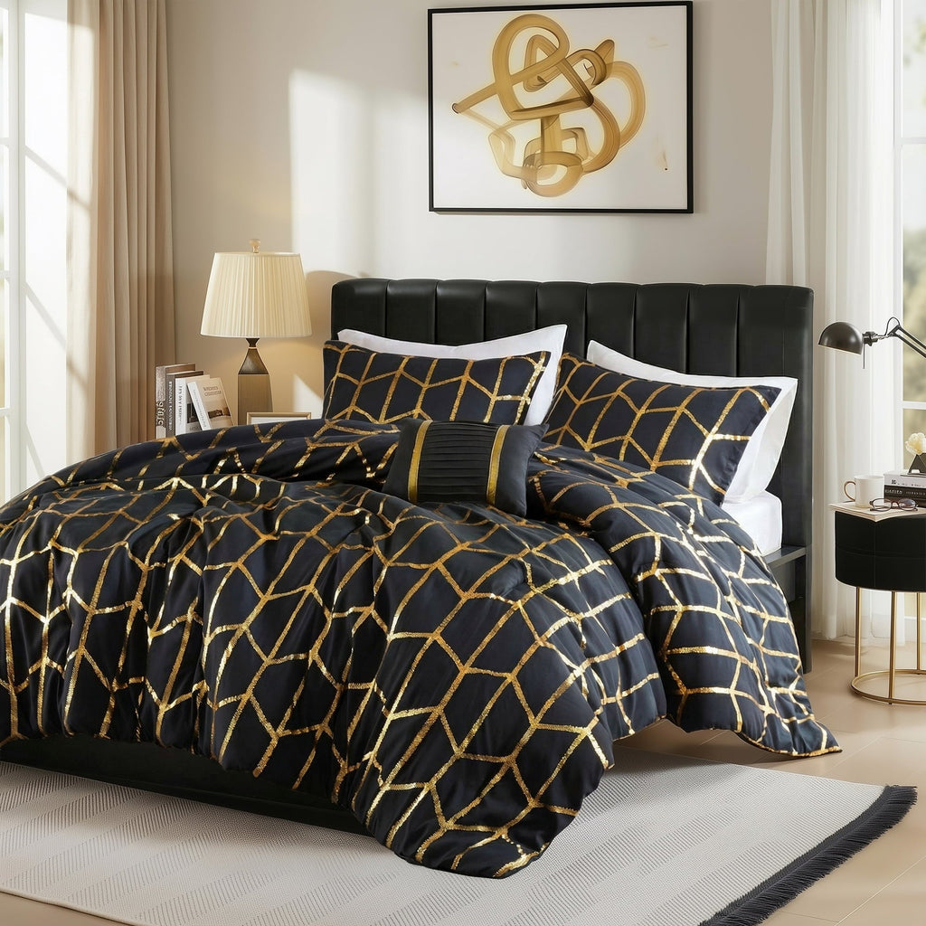 Heavyweight Warmth Full/Queen Size Comforter Set, 4-Piece Bedding Set for All Seasons, Geometric Metallic Comforter Bed Set with Decor P... - Luxurious Quilted Duvet Cover Set Detail