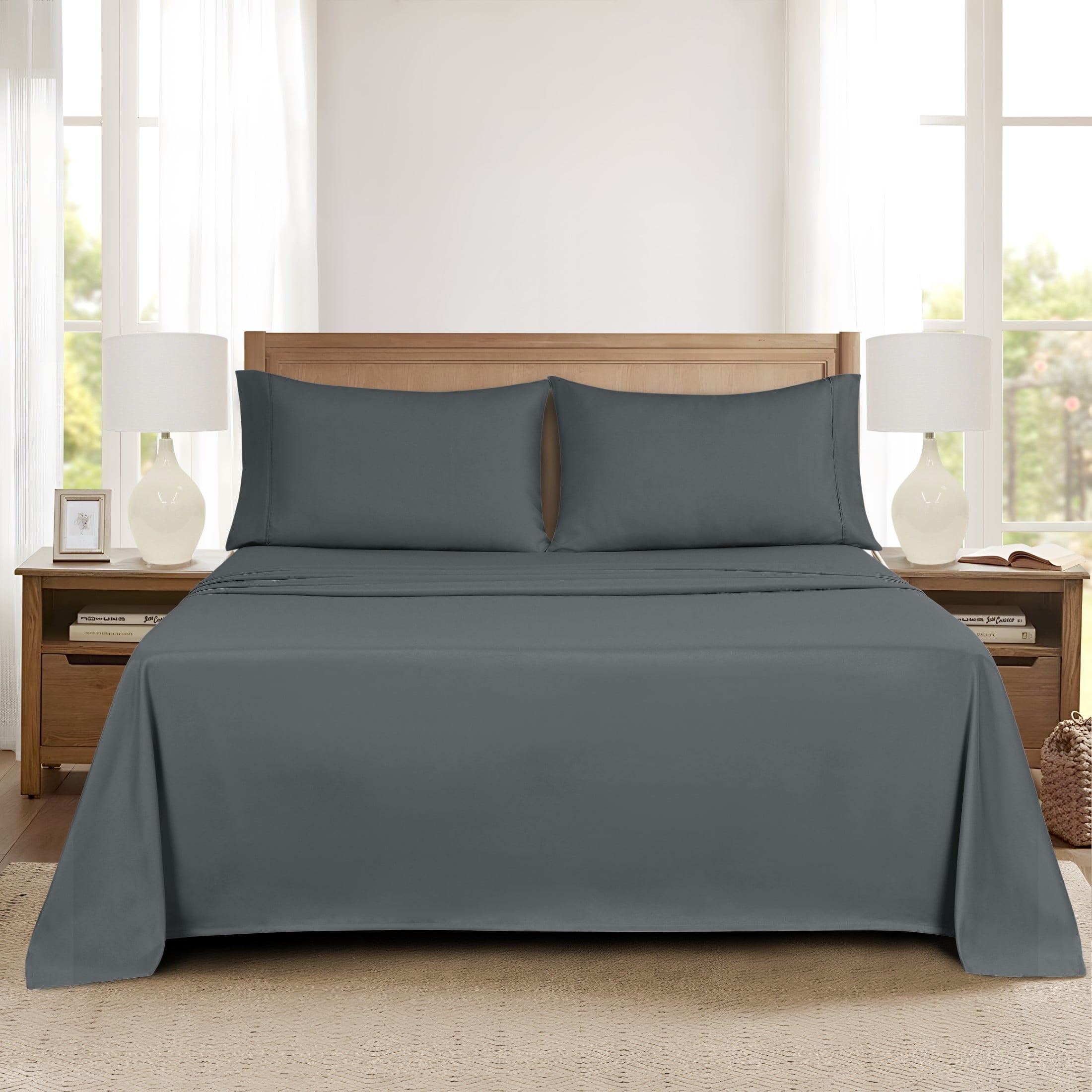 Premium Egyptian Cotton Super Soft Brushed Microfiber Bed Sheet Set, Soothing Gray, Queen, 4 Piece - Breathable Egyptian Cotton Flat & Fitted Sheets Detail