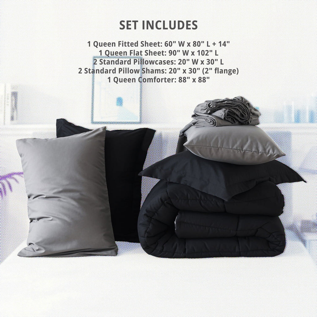 All-Season Queen Size 7 Piece Comforter Set | Bed in a Bag for Unisex Adult | Black/Gray - Luxurious Quilted Duvet Cover Set Detail
