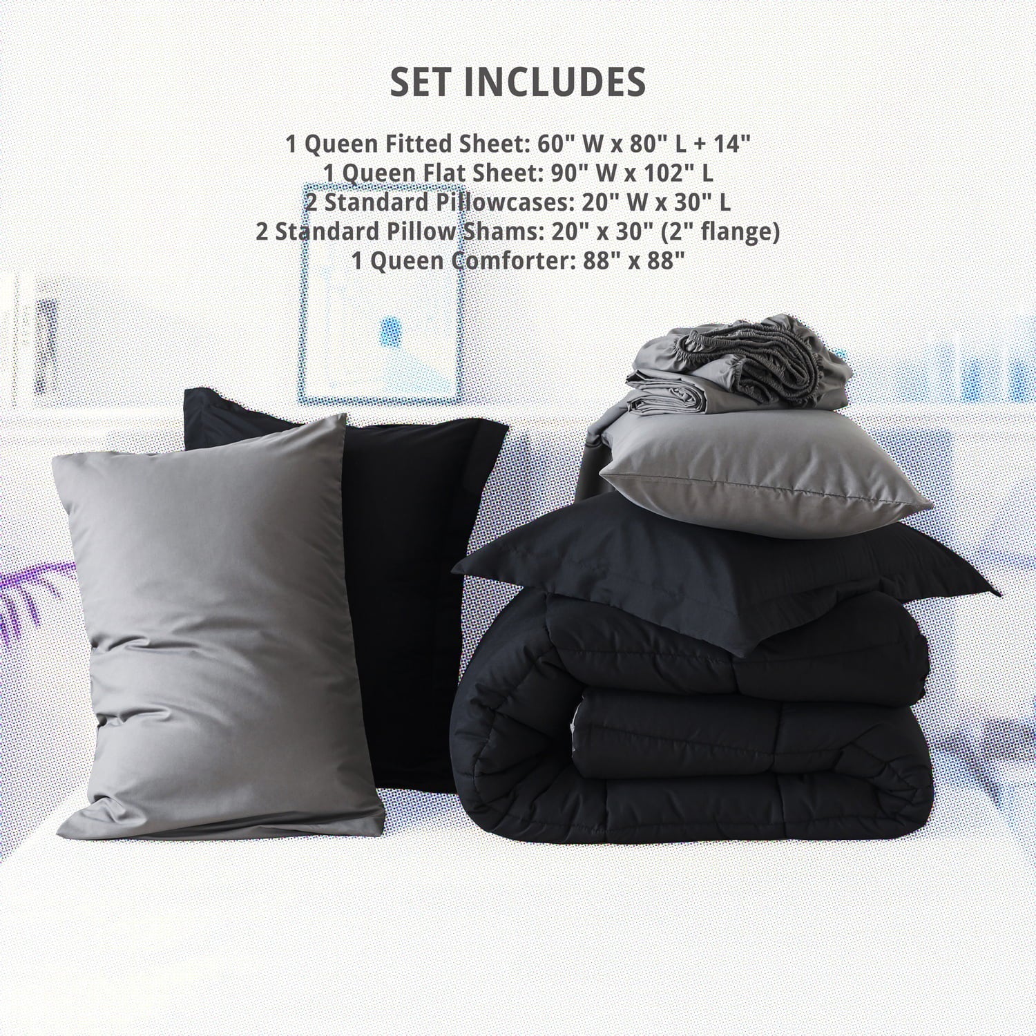 All-Season Queen Size 7 Piece Comforter Set | Bed in a Bag for Unisex Adult | Black/Gray - Luxurious Quilted Duvet Cover Set Detail