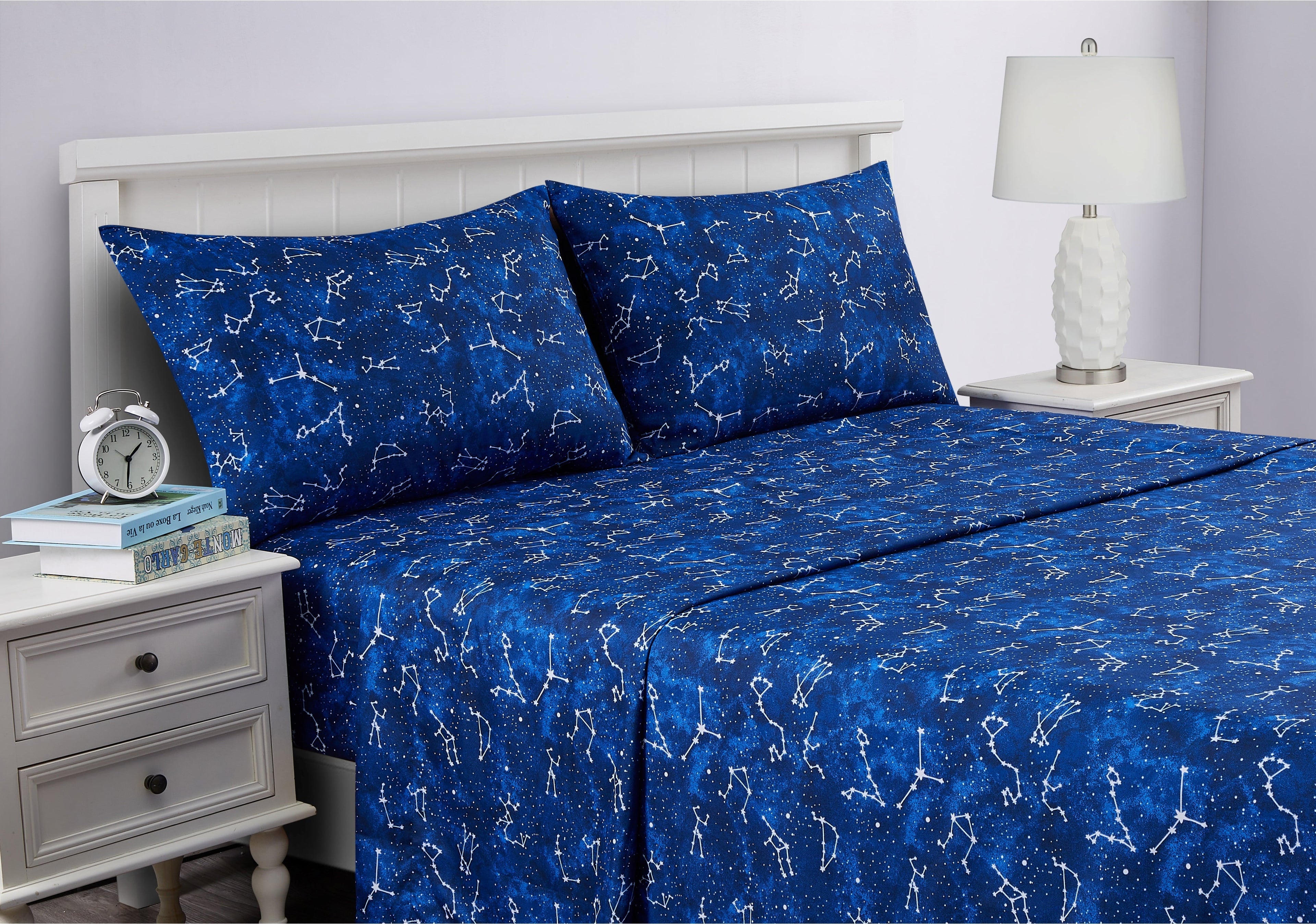 Cooling Sateen Kids Soft Microfiber Sheet Set, Navy Blue Stars, Full, 4 Pieces, Easy Care - Premium Ultra-Soft Pillowcase Pair for Sleeping Detail