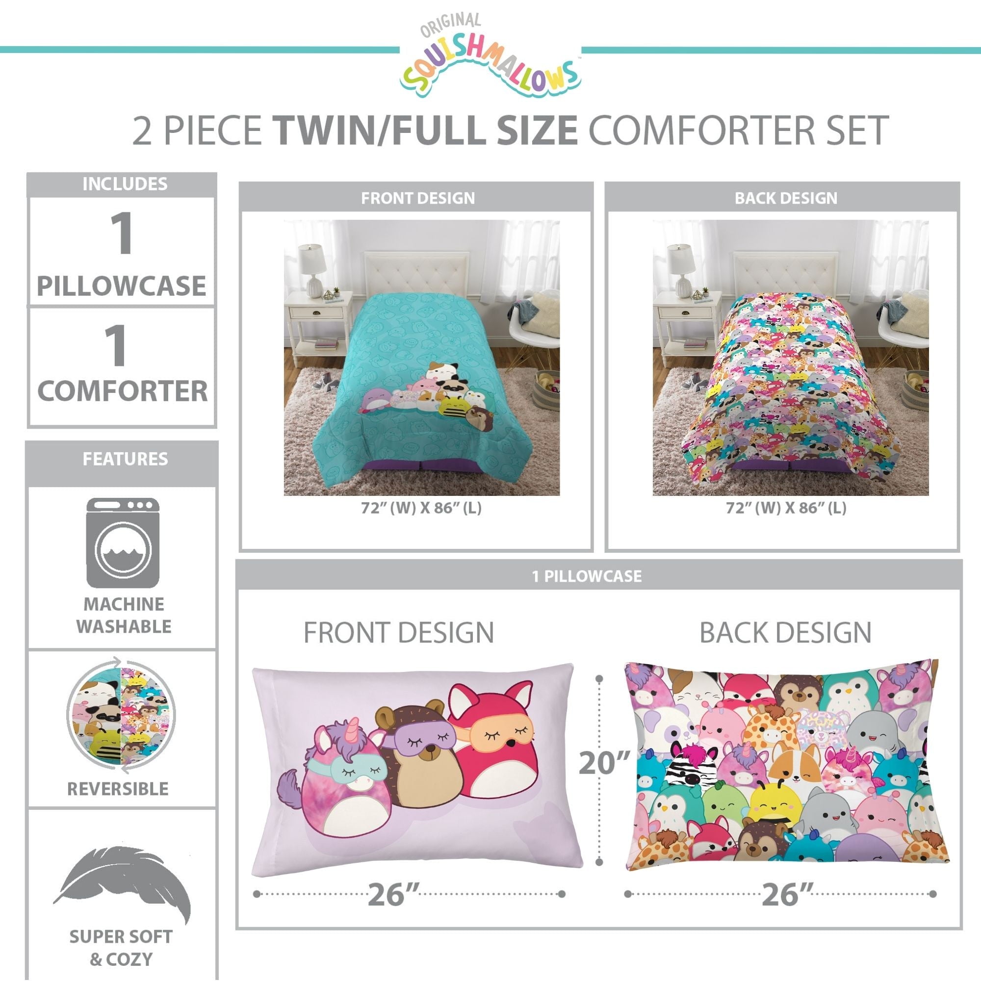 All-Season Squishmallows Kids 2 Piece Teal Blue Reversible Comforter and Pillowcase set, Twin/full - All-Season Down Alternative Comforter Insert Detail