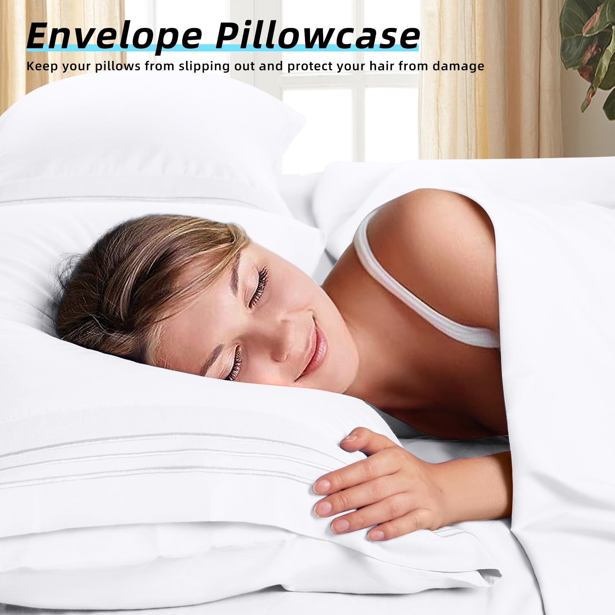 Wrinkle-Resistant Bed Sheets Set, Microfiber Deep Pocket 4 Pieces Luxury Soft Sheet Set, Queen, White - Premium Ultra-Soft Pillowcase Pair for Sleeping Detail