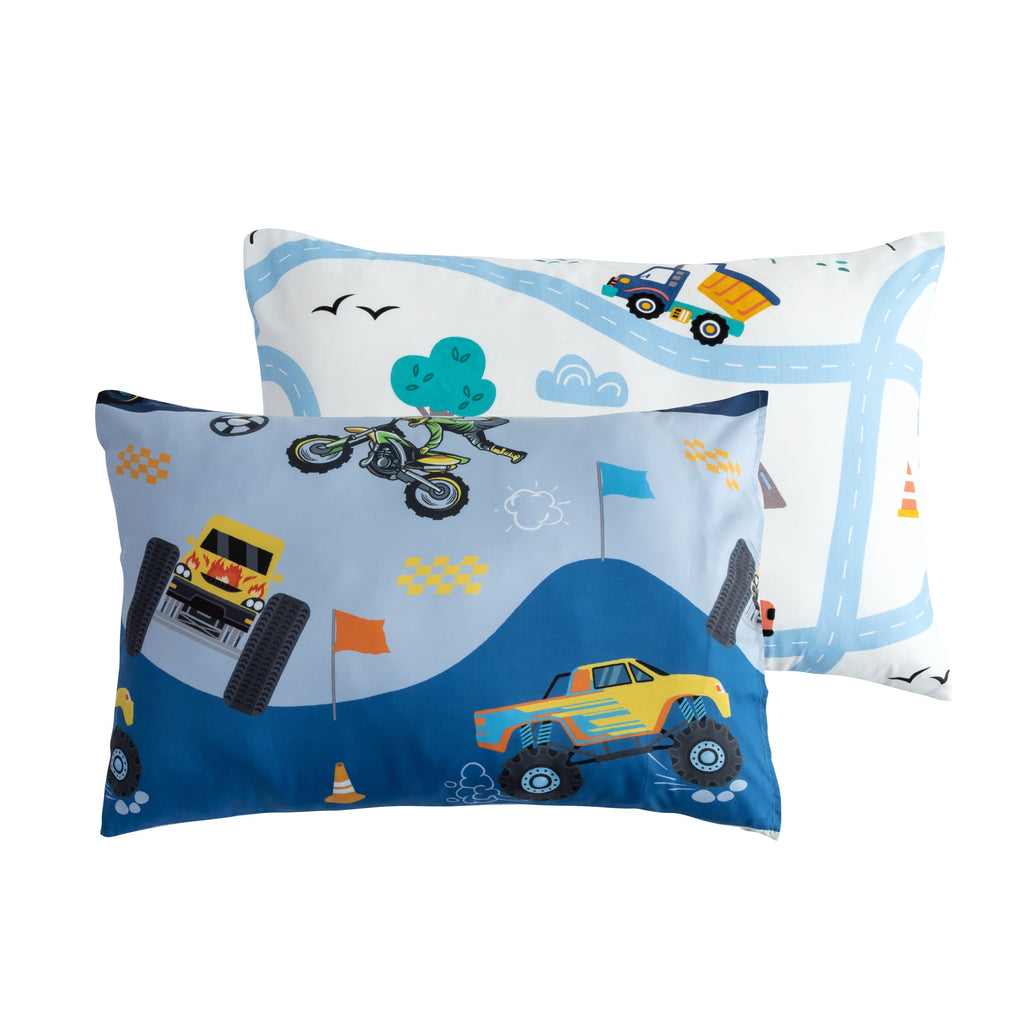 Luxurious Quilted 3Pcs Reversible Construction Truck Twin Comforter Set for Boys Kids Excavator Vehicle Motorcycle Bedding Set Blue - Luxurious Quilted Duvet Cover Set Detail