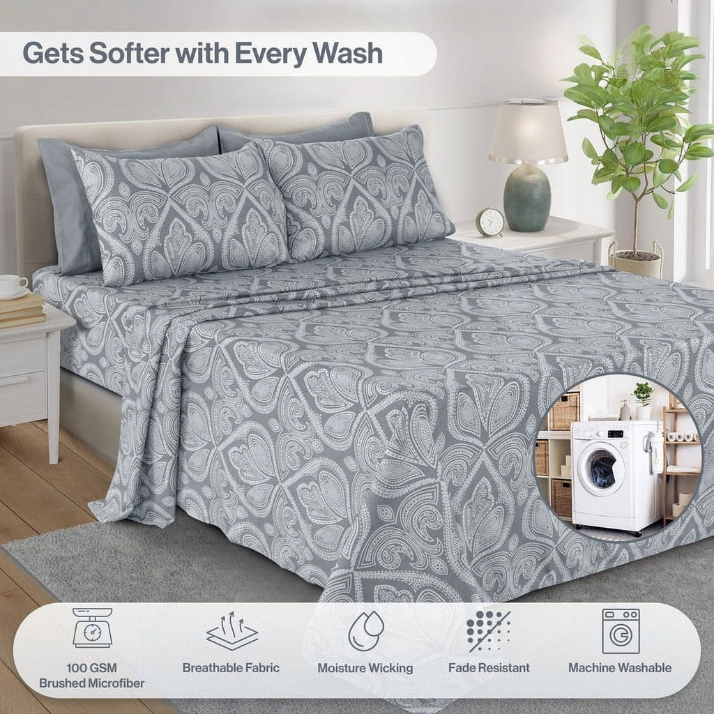 Wrinkle-Resistant 6-Piece Bed Sheet Set, Deep Pocket Queen Sheets Up to 16 Inch, 1 Flat Sheet , 1 Fitted Sheet & 4 Pillowcases (Queen, ... - Luxury Bed Sheet Set with Deep Pockets Detail
