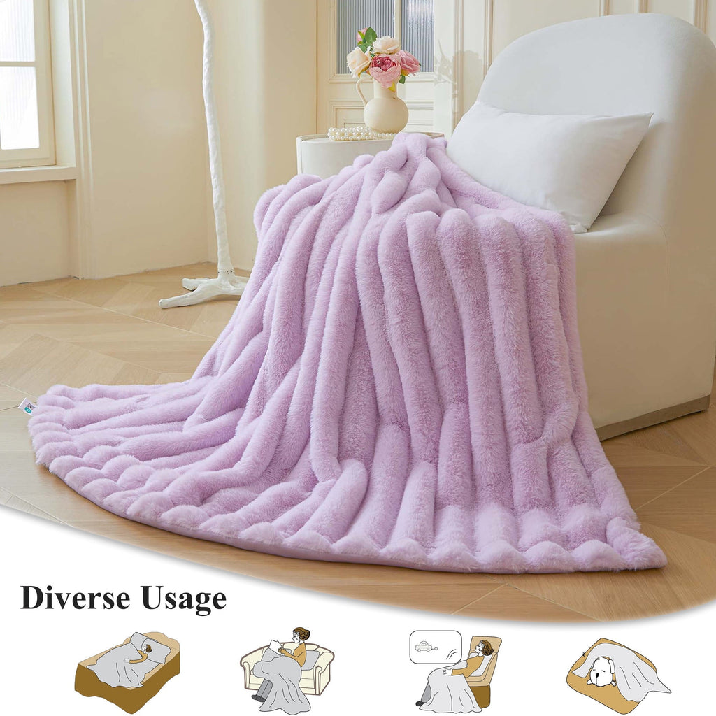 Decorative Knitted Fluffy Faux Rabbit Fur Throw, Cozy Wide Stripe Plush Fuzzy Blanket for Bed Couch Sofa Chair, Light Purple Shaggy Thro... - Cozy Fleece Throw Blanket for Couch & Bed Detail