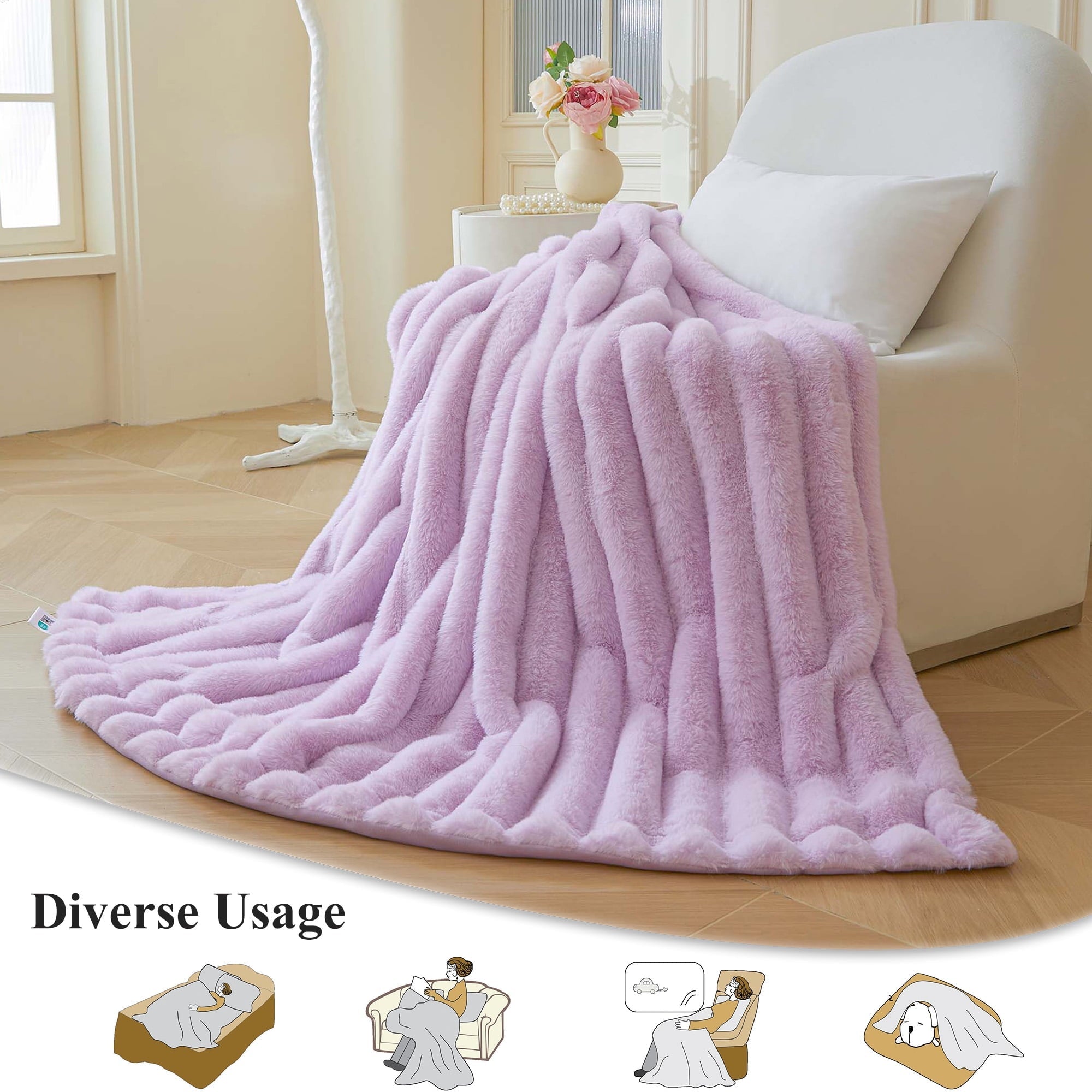 Decorative Knitted Fluffy Faux Rabbit Fur Throw, Cozy Wide Stripe Plush Fuzzy Blanket for Bed Couch Sofa Chair, Light Purple Shaggy Thro... - Cozy Fleece Throw Blanket for Couch & Bed Detail