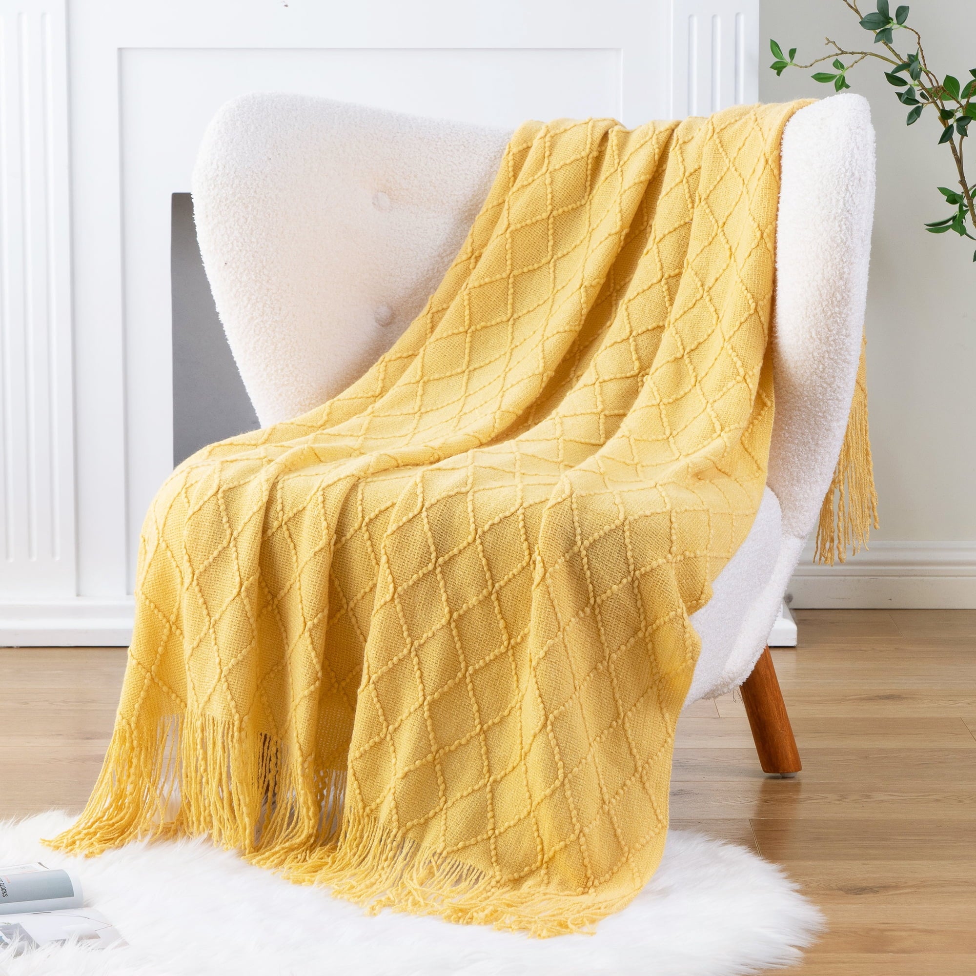 Super Soft Flannel Mustard Throw Blanket for Couch,Gold Yellow Knit Throw with Fringe,Outdoor Throw ,50"x60" - Cozy Fleece Throw Blanket for Couch & Bed Detail