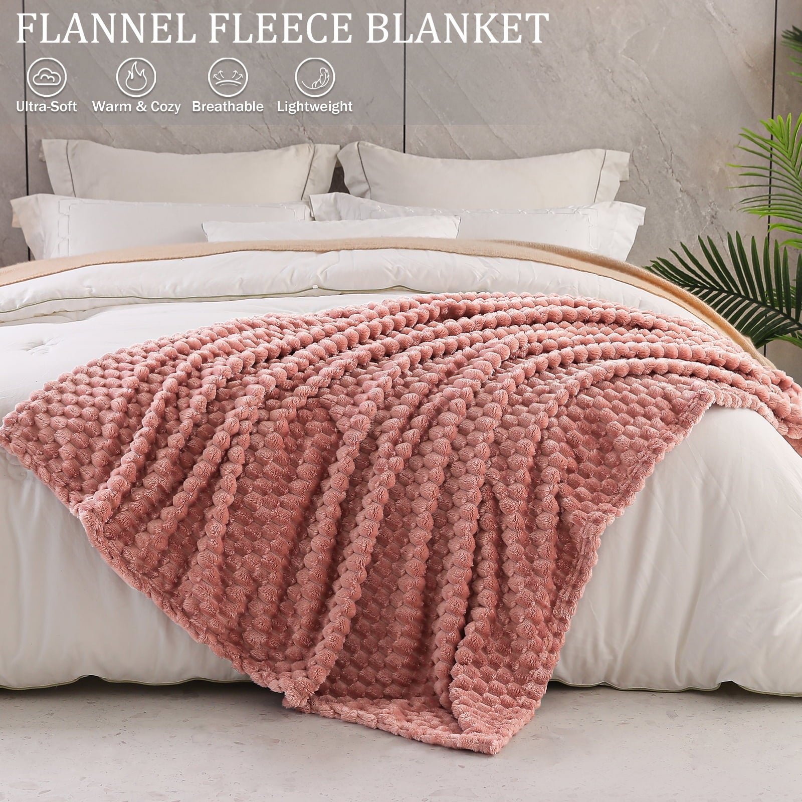 Decorative Knitted Large Soft Fleece Throw Blanket, 50"x70" Stylish Jacquard Throw Blanket for Couch, Cozy, Warm, Lightweight Dusty Pink... - Super Soft Reversible Sherpa Flannel Blanket Detail