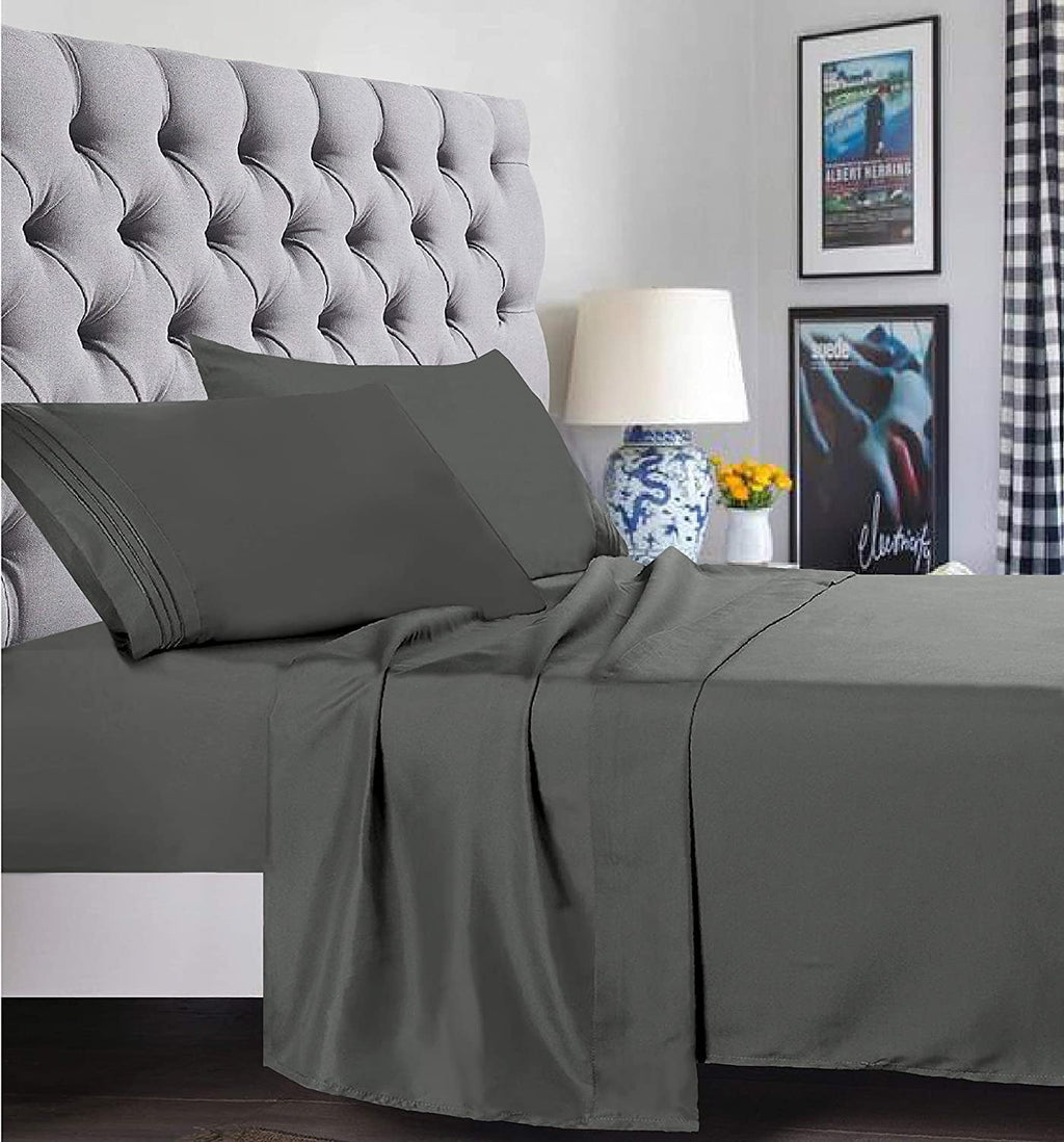 Breathable Luxury 4 Pieces Bed Sheet set Flat,Fitted,Pillowcase , Queen Grey - Premium Ultra-Soft Pillowcase Pair for Sleeping Detail