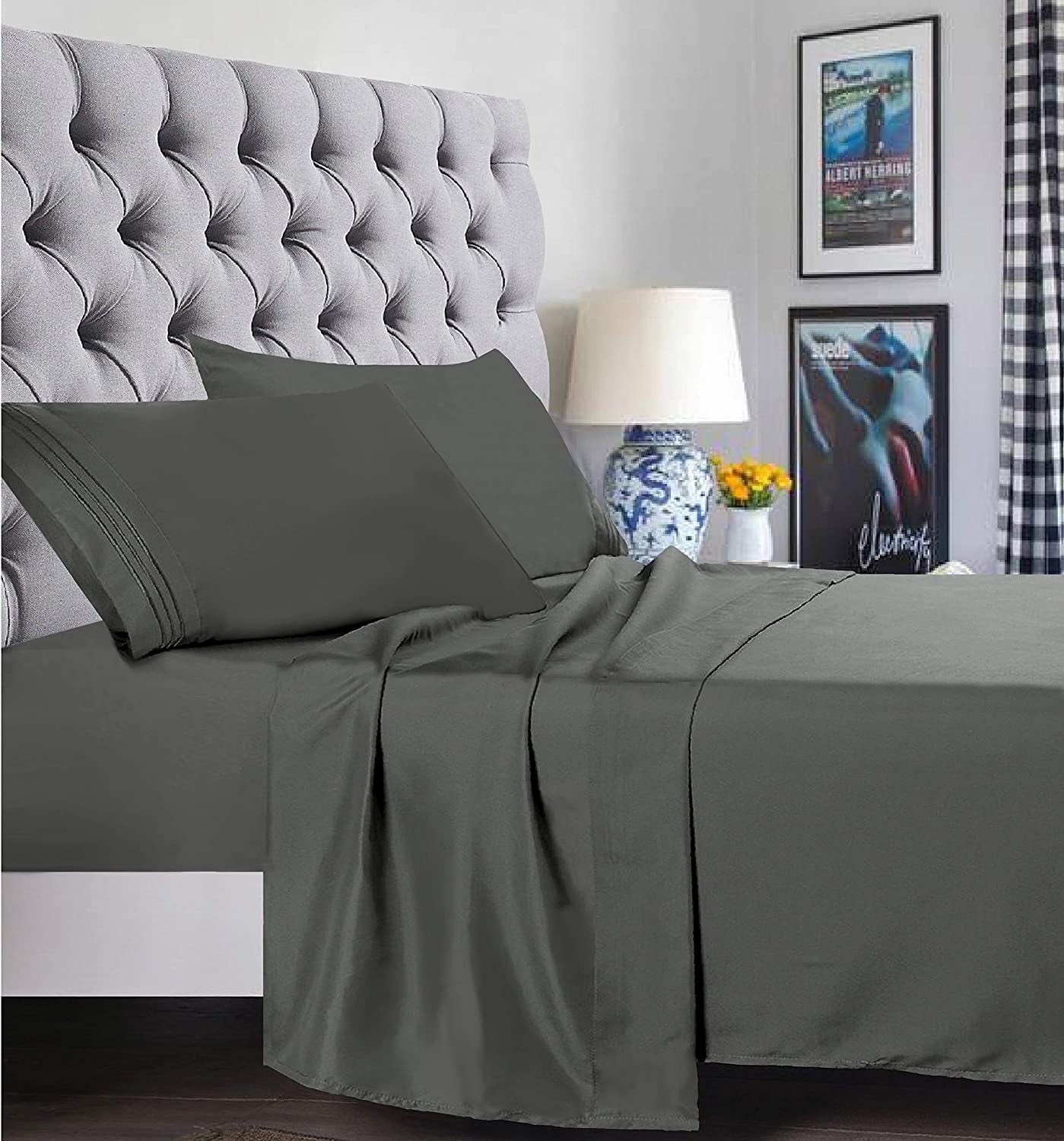 Breathable Luxury 4 Pieces Bed Sheet set Flat,Fitted,Pillowcase , Queen Grey - Premium Ultra-Soft Pillowcase Pair for Sleeping Detail