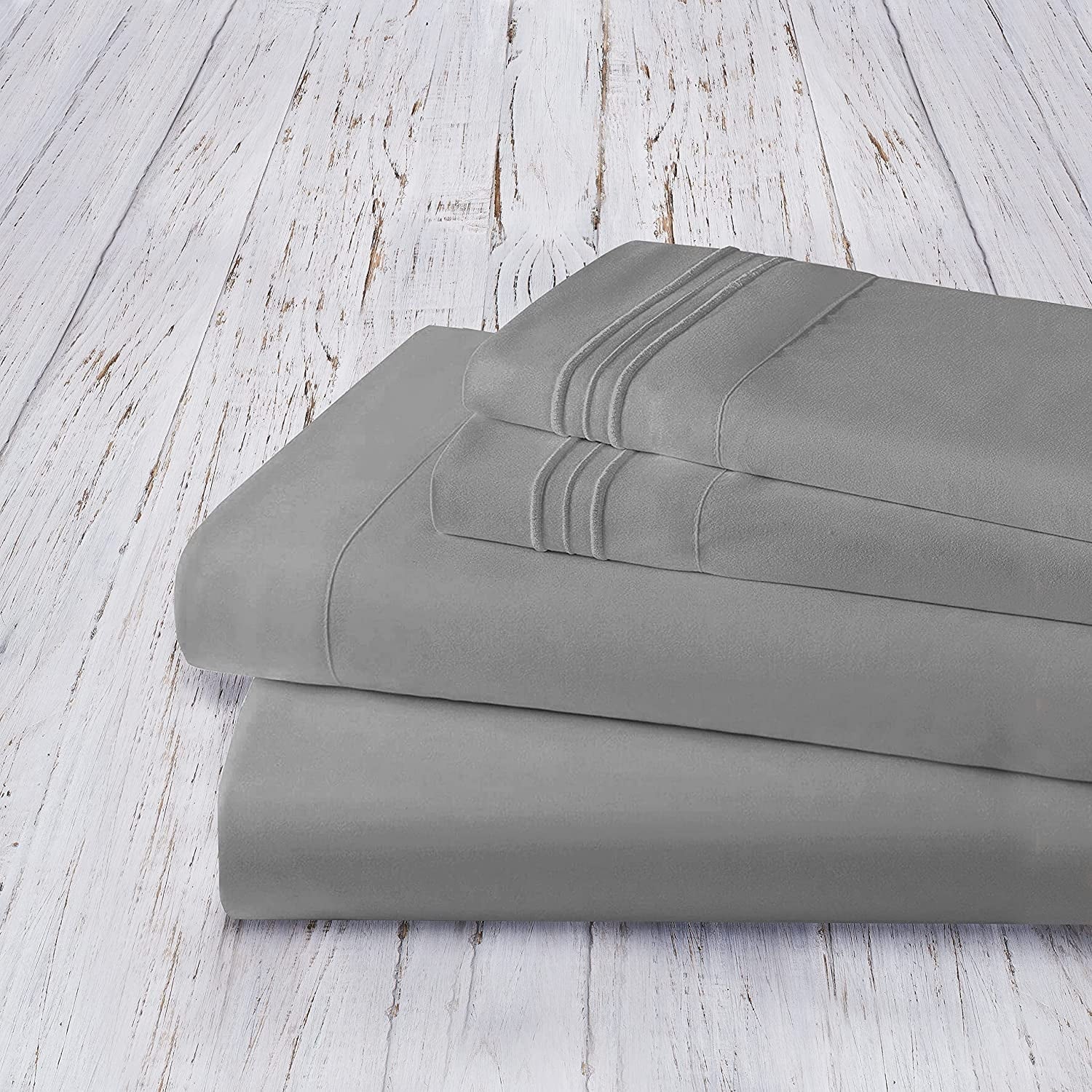 Breathable Luxury 4 Pieces Bed Sheet set Flat,Fitted,Pillowcase , Queen Grey - Premium Ultra-Soft Pillowcase Pair for Sleeping Detail