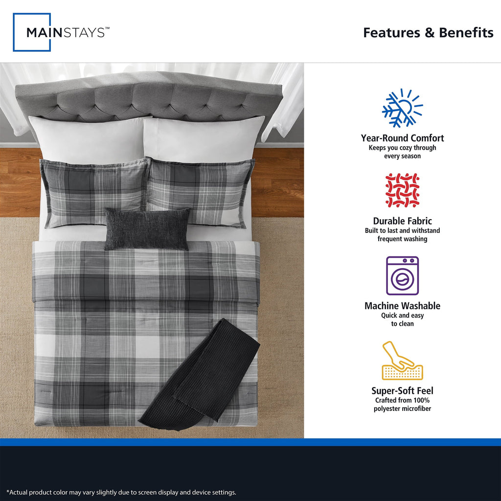 Hypoallergenic Cloud Full/Queen Comforter Set, All-Season, 5-Piece, Grey Plaid - Luxurious Quilted Duvet Cover Set Detail