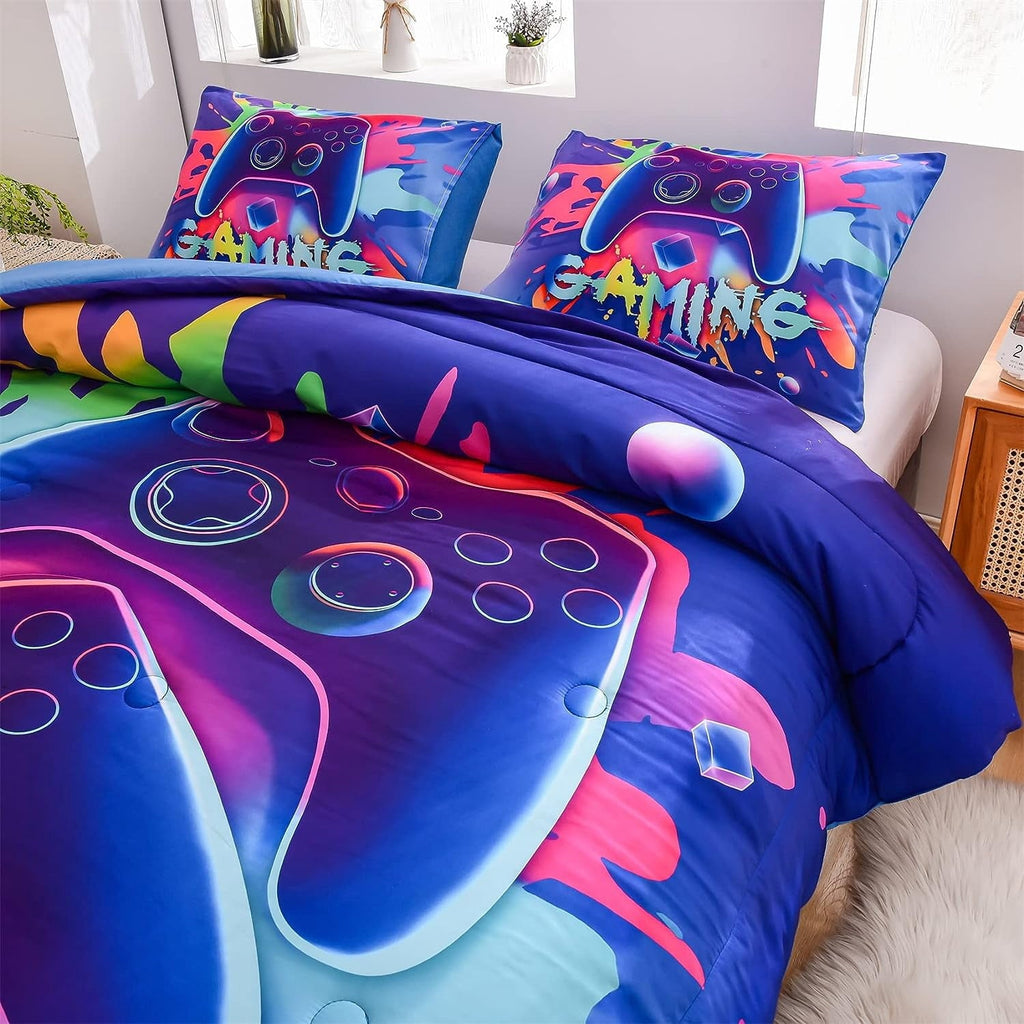 Luxurious Quilted Purple Queen Gaming Comforter Sets for Boys Kids Bedding Sets Colorful Games Console Gamer Quilt Set - Luxurious Quilted Duvet Cover Set Detail