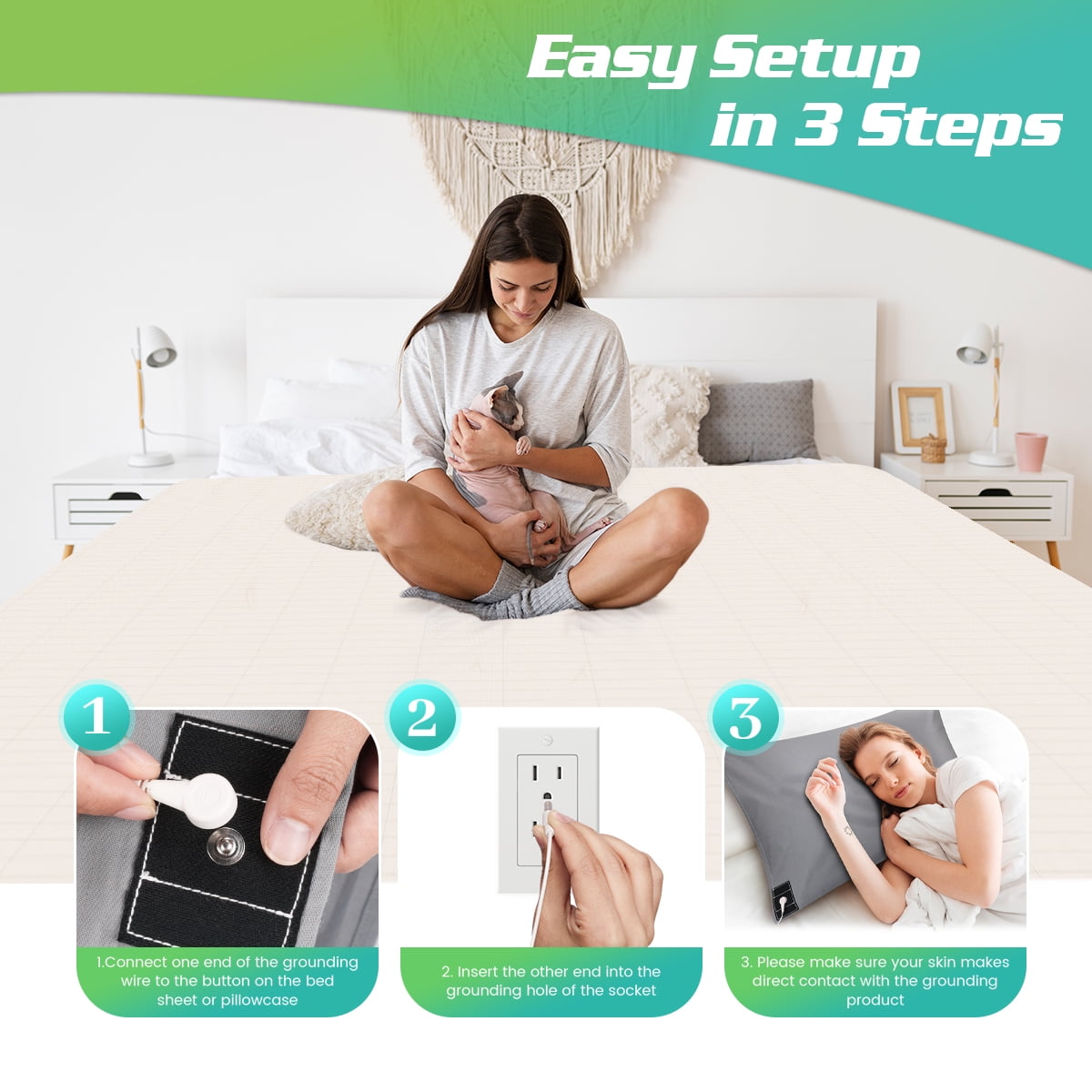 Wrinkle-Resistant Conductive Grounding Bed Sheets for Better Sleep with 15ft Cord 10% Pure Silver Fiber 27x52in Gray - Luxury Bed Sheet Set with Deep Pockets Detail