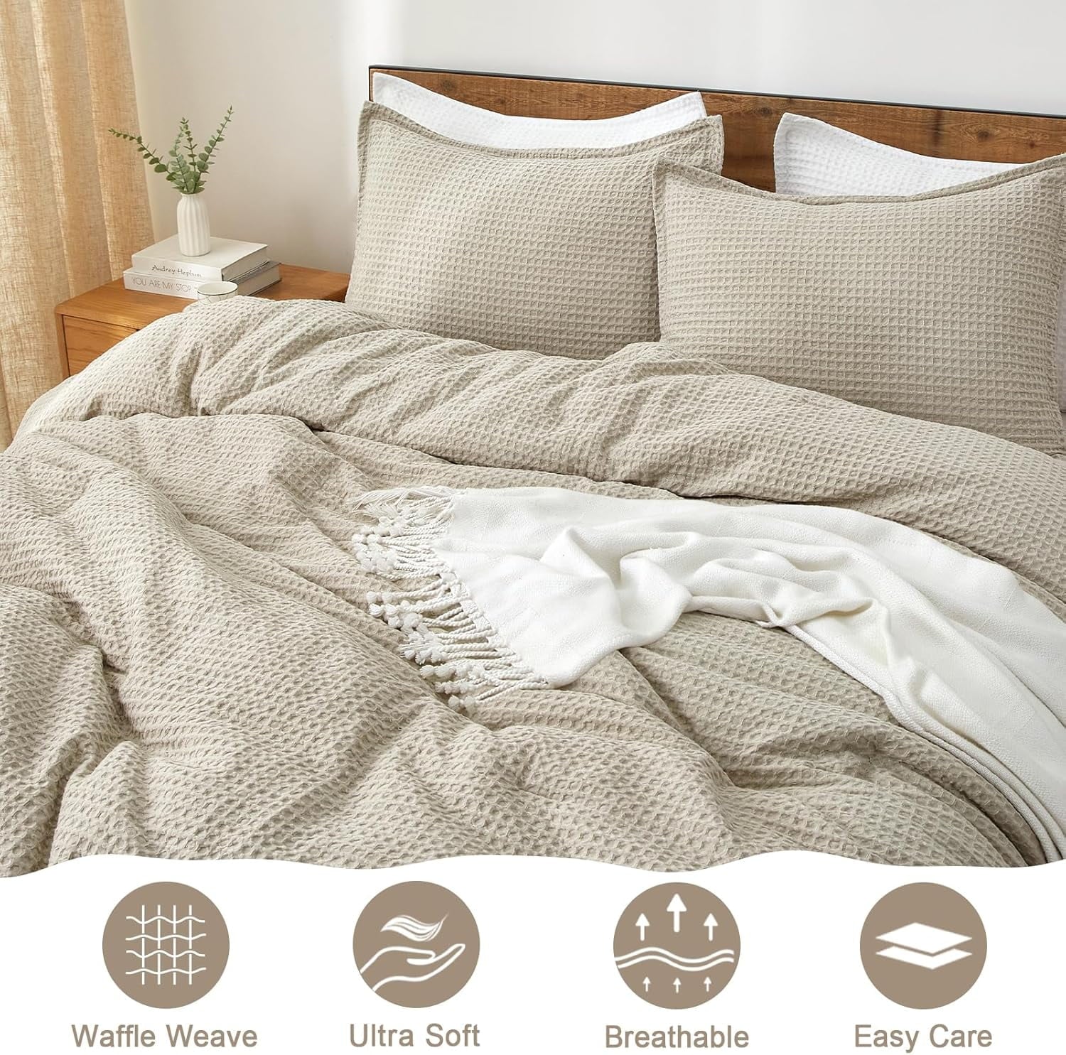 Heavyweight Warmth 3-Piece Waffle Weave Comforter Set Queen Size, Lightweight Comfy Bedding Set for All Season, Ultra Soft Textured 1 Co... - Luxurious Quilted Duvet Cover Set Detail