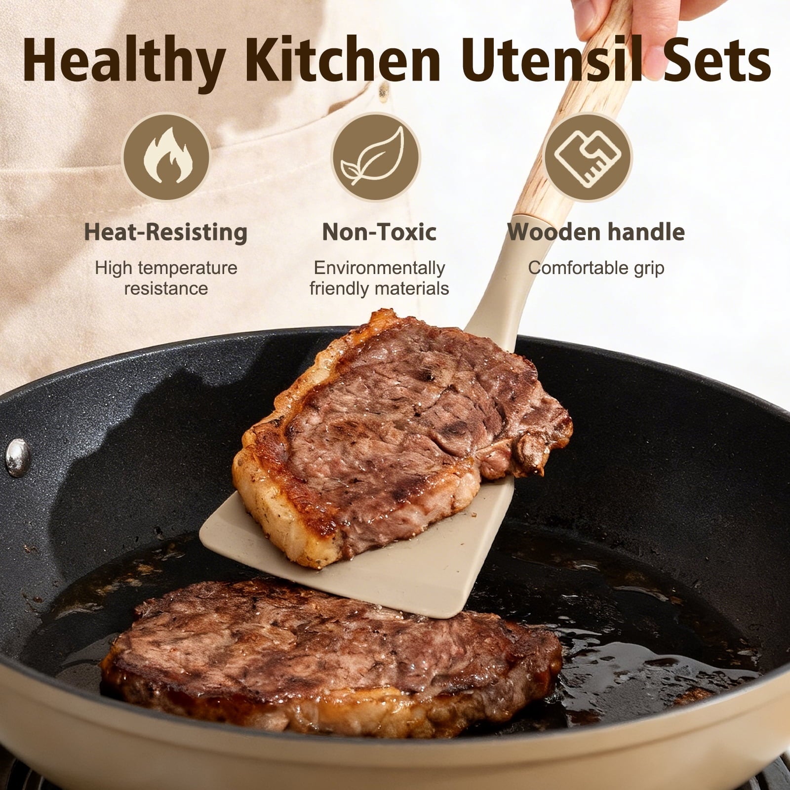 Seamless One-Piece Silicone Cooking Utensils Set, Heat Resistant Kitchen Tools, 36 PCS Non-Stick Silicone Cooking Kitchen Utensils, Khaki - Premium Stainless Steel Cooking Utensil for Non-Stick Pots Detail