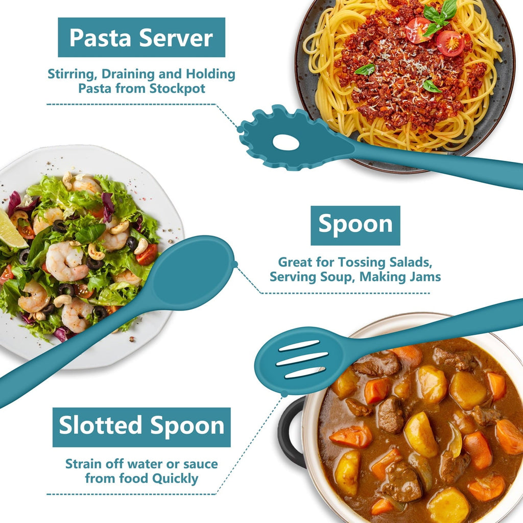 Seamless One-Piece 7-Piece Silicone Cooking Utensils Set, Blue Kitchen Utensils, Non-stick Gadgets Tools Include Slotted Turner, Soup La... - Ergonomic Kitchen Tongs and Cooking Spoon Utensil Detail