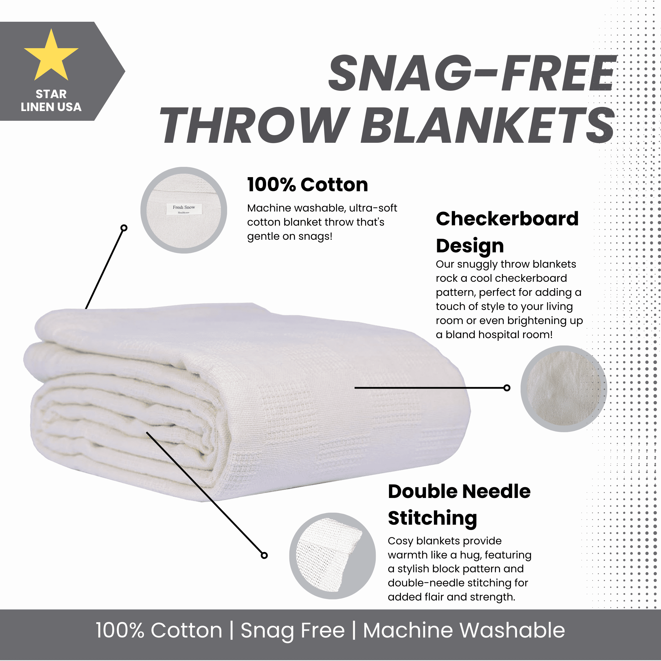 Reversible Sherpa Hospital Thermal Blanket Throw Snag Free | 100% Cotton | Twin 66"x90" | White (1) - Lightweight Plush Warm Blanket for All Seasons Detail