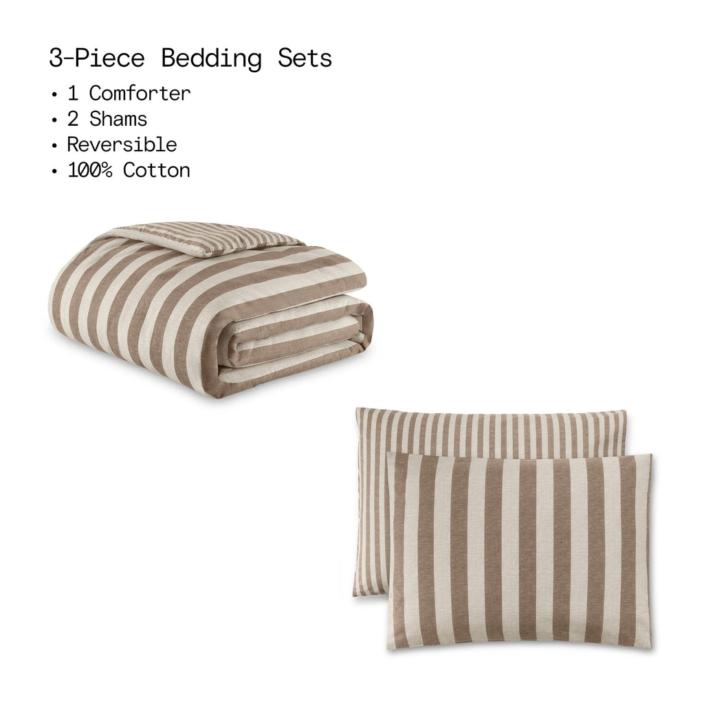 Fluffy Down Alternative 100% Cotton Striped 3-Piece Natural Comforter Set, Full/Queen - All-Season Down Alternative Comforter Insert Detail
