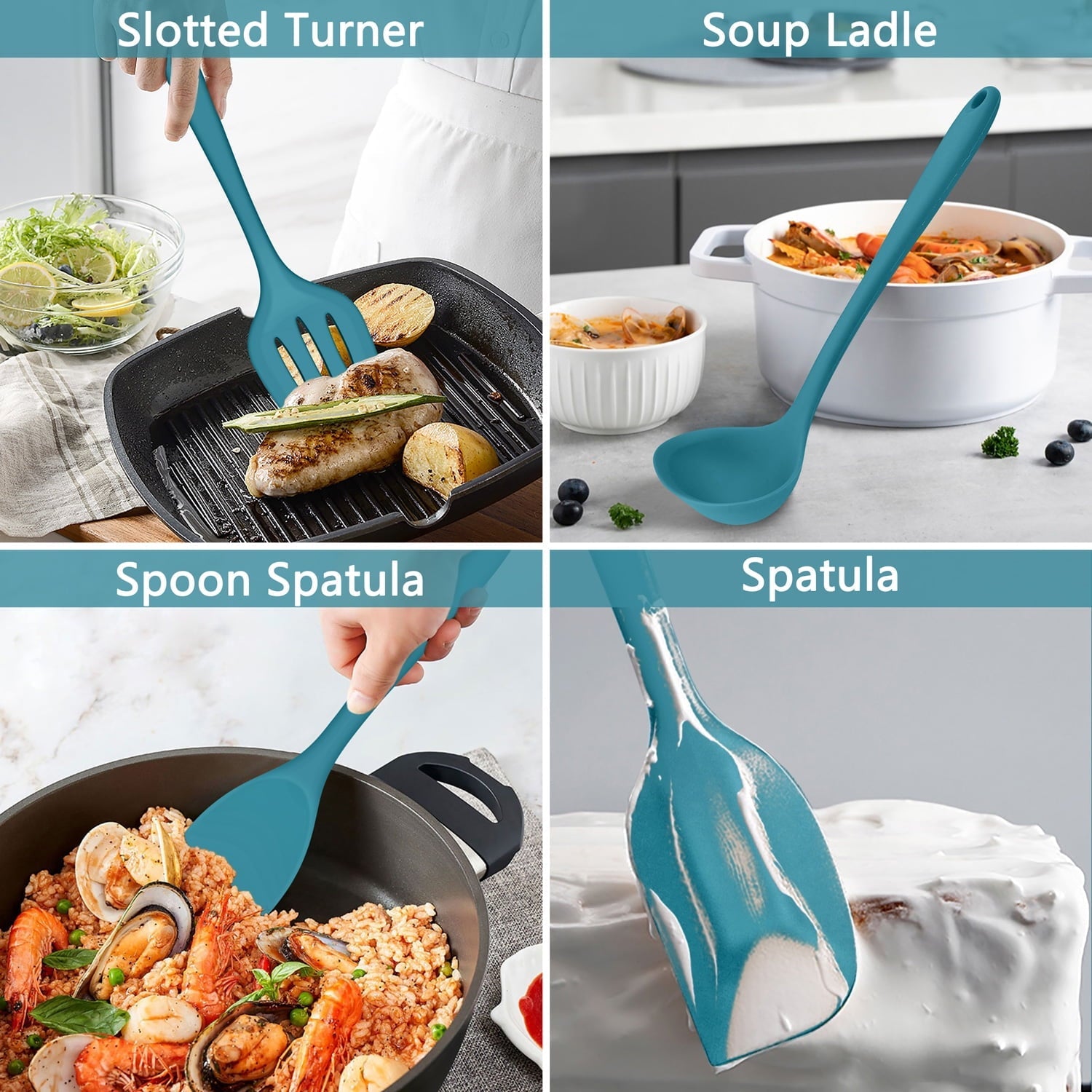 Seamless One-Piece 7-Piece Silicone Cooking Utensils Set, Blue Kitchen Utensils, Non-stick Gadgets Tools Include Slotted Turner, Soup La... - Ergonomic Kitchen Tongs and Cooking Spoon Utensil Detail