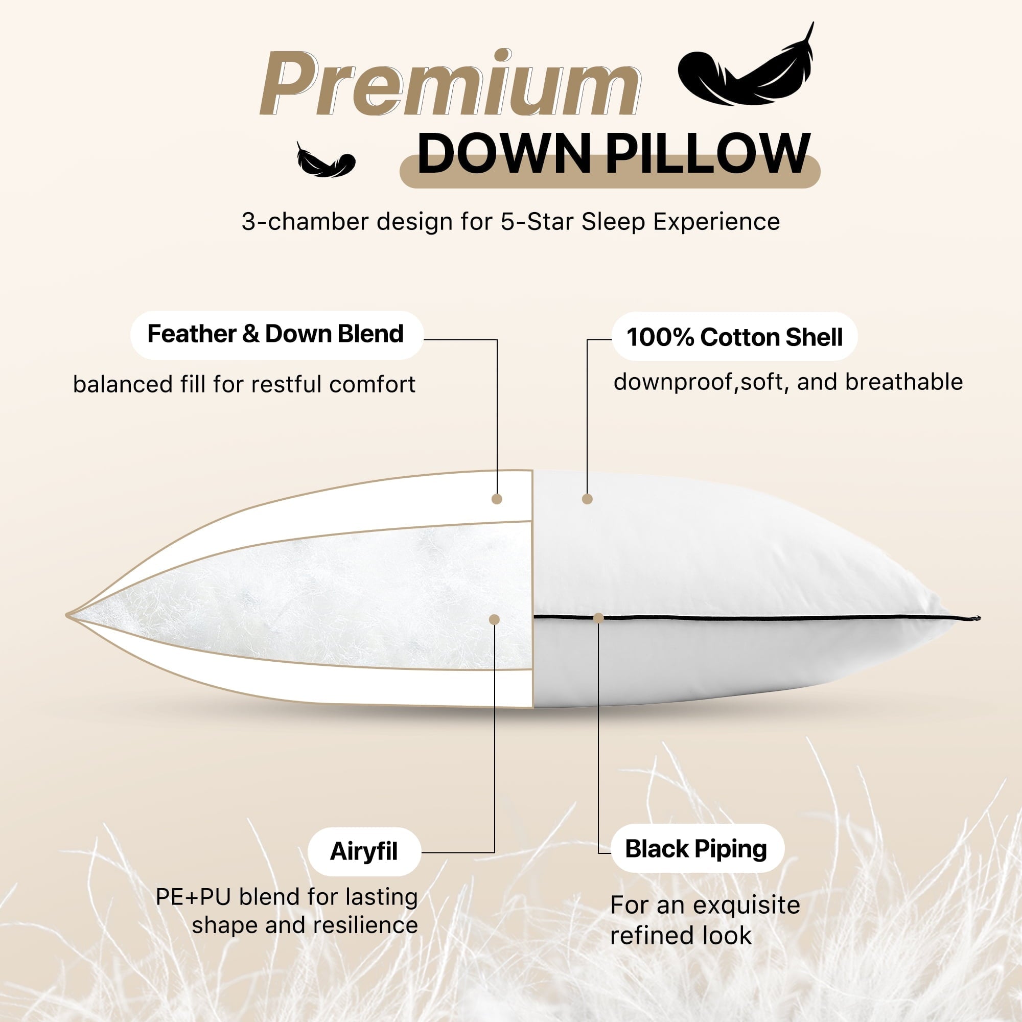 Ergonomic Memory Foam Feather Down Pillows Set of 2, Medium Firm Hotel Bed Pillow 2 Pack, Queen Size, 20 x 30 in. - Hotel Quality Plush Sleeping Pillows Detail
