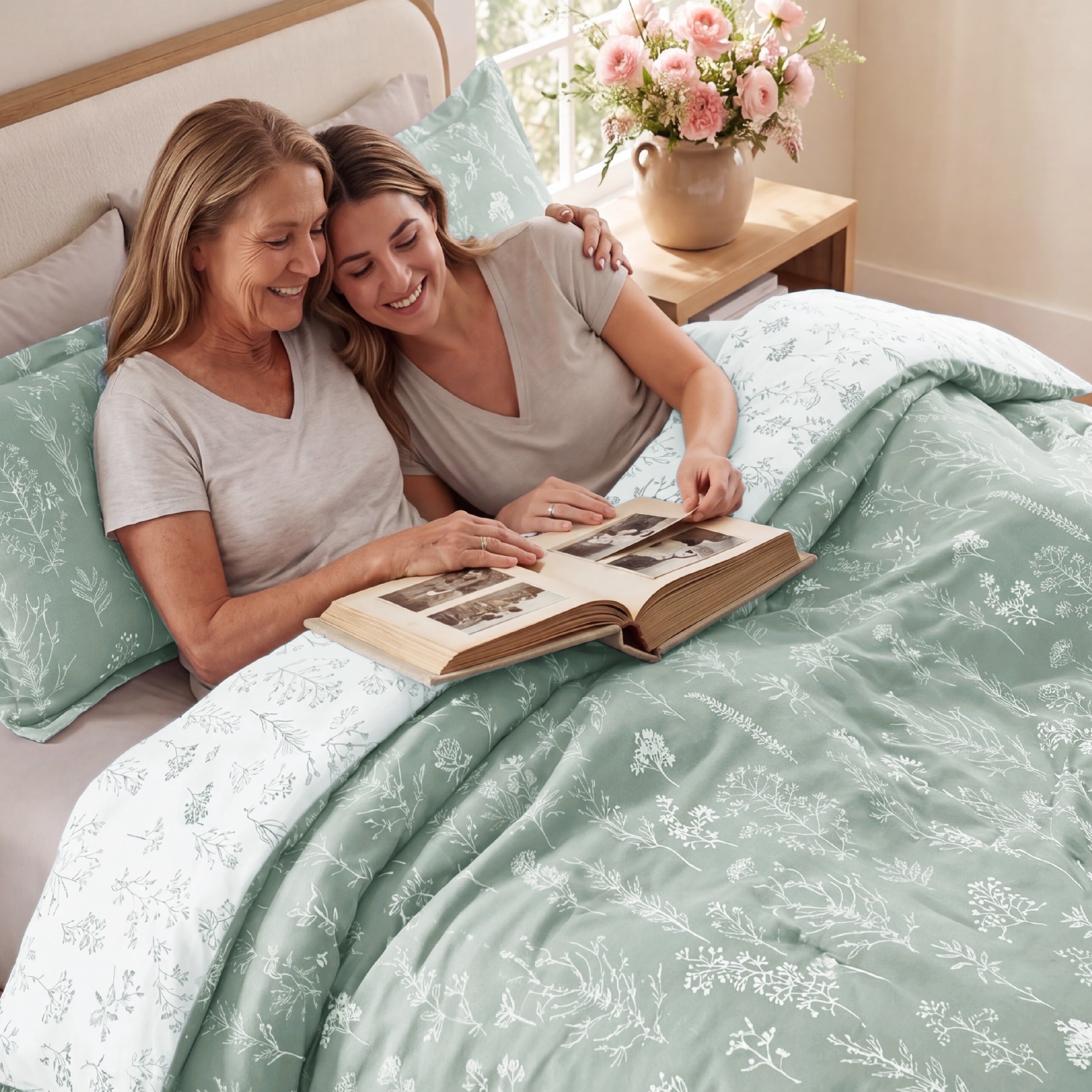 Hypoallergenic Cloud 3 Pieces Sage Green Queen Size Comforter Sets, Cute Flowers Botanical Lightweight Soft Bedding Set with 2 Pillow Shams - Luxurious Quilted Duvet Cover Set Detail