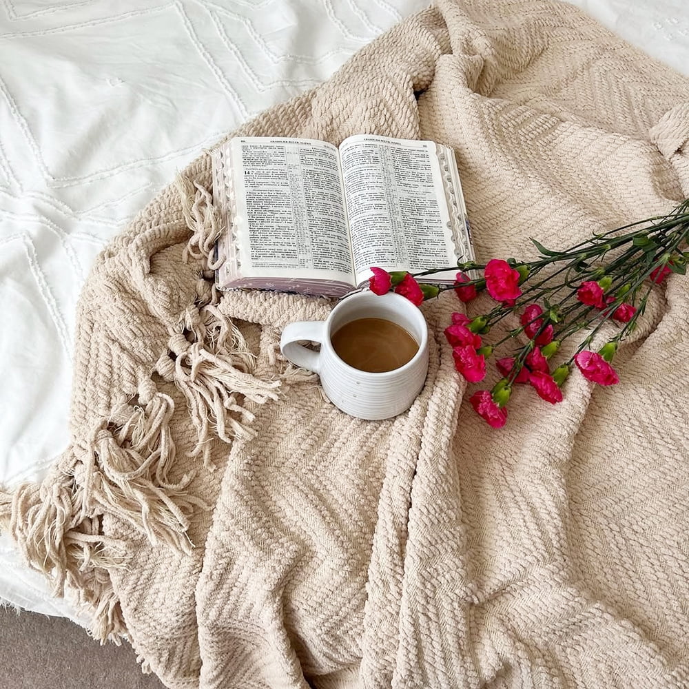 Lightweight Warm Beige Throw Blanket,Textured Knitted Tan Throws with Tassels,Neutral Sofa Bed Throws,50"x60" - Cozy Fleece Throw Blanket for Couch & Bed Detail