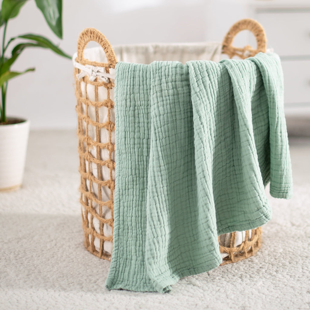 Cozy Fleece 100% Cotton Muslin Throw Blanket Gauze Blankets for Adults Soft Throws for Bed and Couch, 50" x 70" Sage Green - Super Soft Reversible Sherpa Flannel Blanket Detail