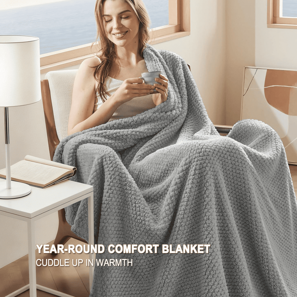 Reversible Sherpa Throw Blanket, Decorative Throws with Waffle Wave Design, Super Soft Plush Fuzzy Blankets , Luxury Lightweight and Br... - Luxury Knitted Decorative Throw Blanket with Fringes Detail