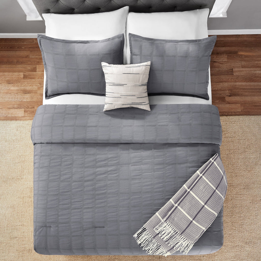 Heavyweight Warmth Full/Queen Comforter Set, All-Season, 5-Piece, Grey Waffle Check - All-Season Down Alternative Comforter Insert Detail
