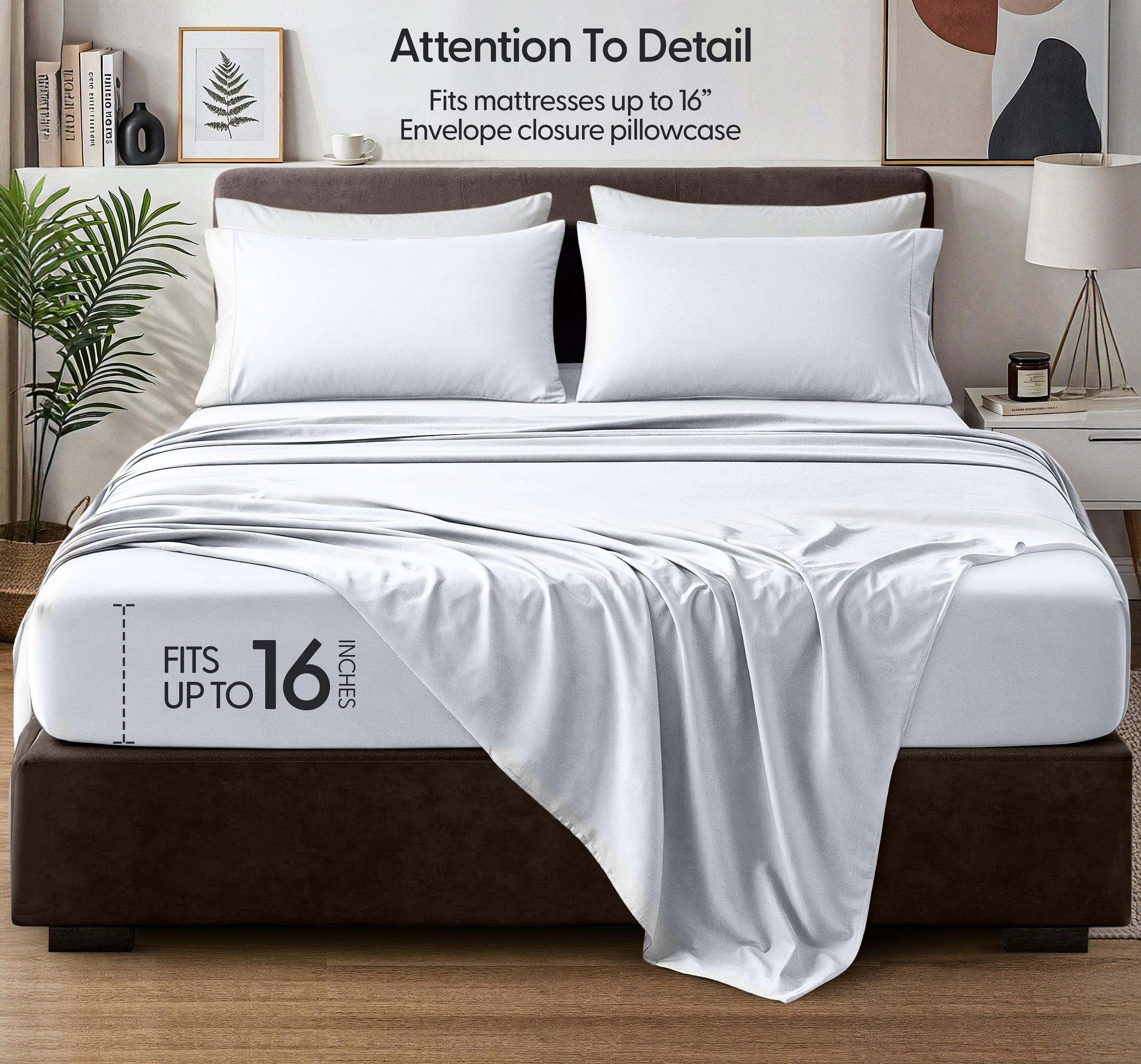 Cooling Sateen Queen Size Bed Sheet Set in Bright White – 4 Piece Microfiber Sheets, Ultra-Soft, Deep Pocket, Wrinkle-Resistant, Eas... - Cooling Hotel Quality Bedding Sheets and Pillowcases Detail