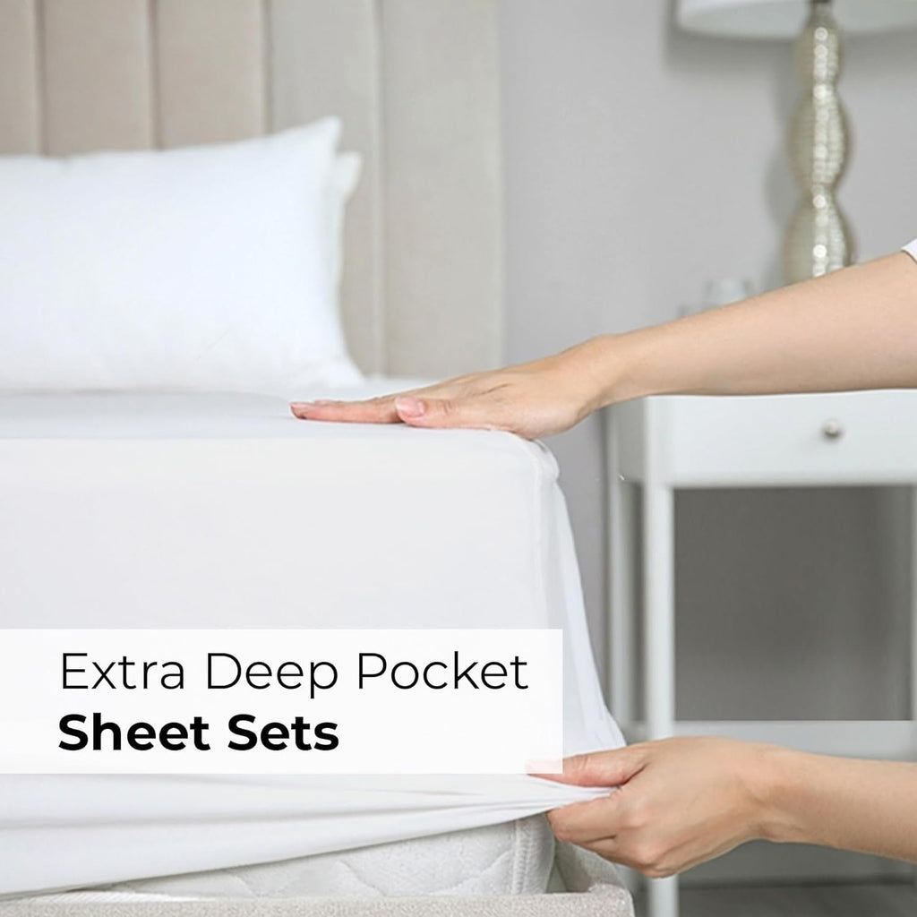 Premium Egyptian Cotton 6-Piece Extra Deep Pocket Sheet Set With Extra Matching Pillowcases - King Size Bed Sheets Fits 18"-24" Ma... - Breathable Egyptian Cotton Flat & Fitted Sheets Detail