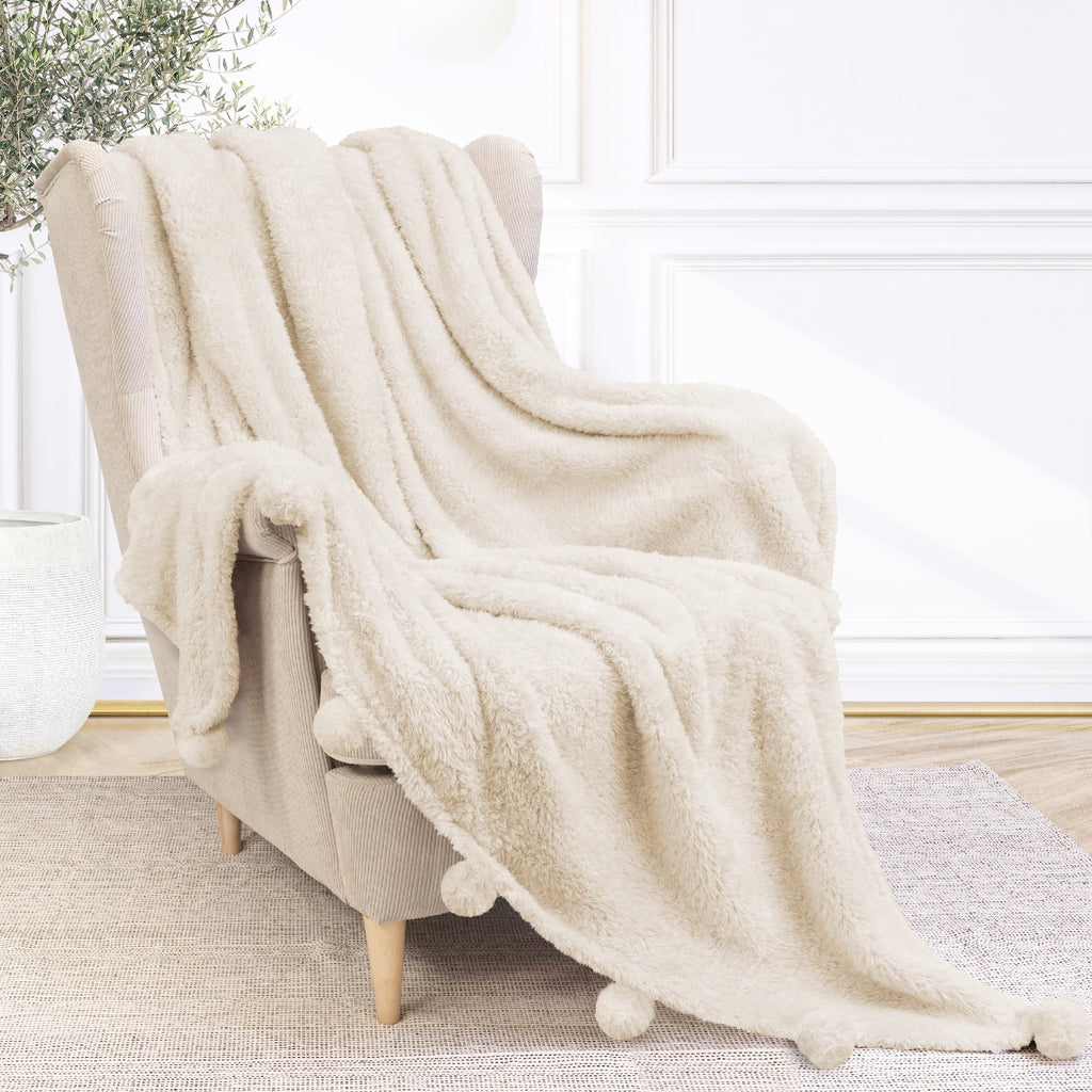 Cozy Fleece Ivory Cream Sherpa Throw Blanket with Soft Pom Pom Fringe, Plush Cozy Warm Blankets for Couch Bed Sofa, Fuzzy Fleece ... - Cozy Fleece Throw Blanket for Couch & Bed Detail