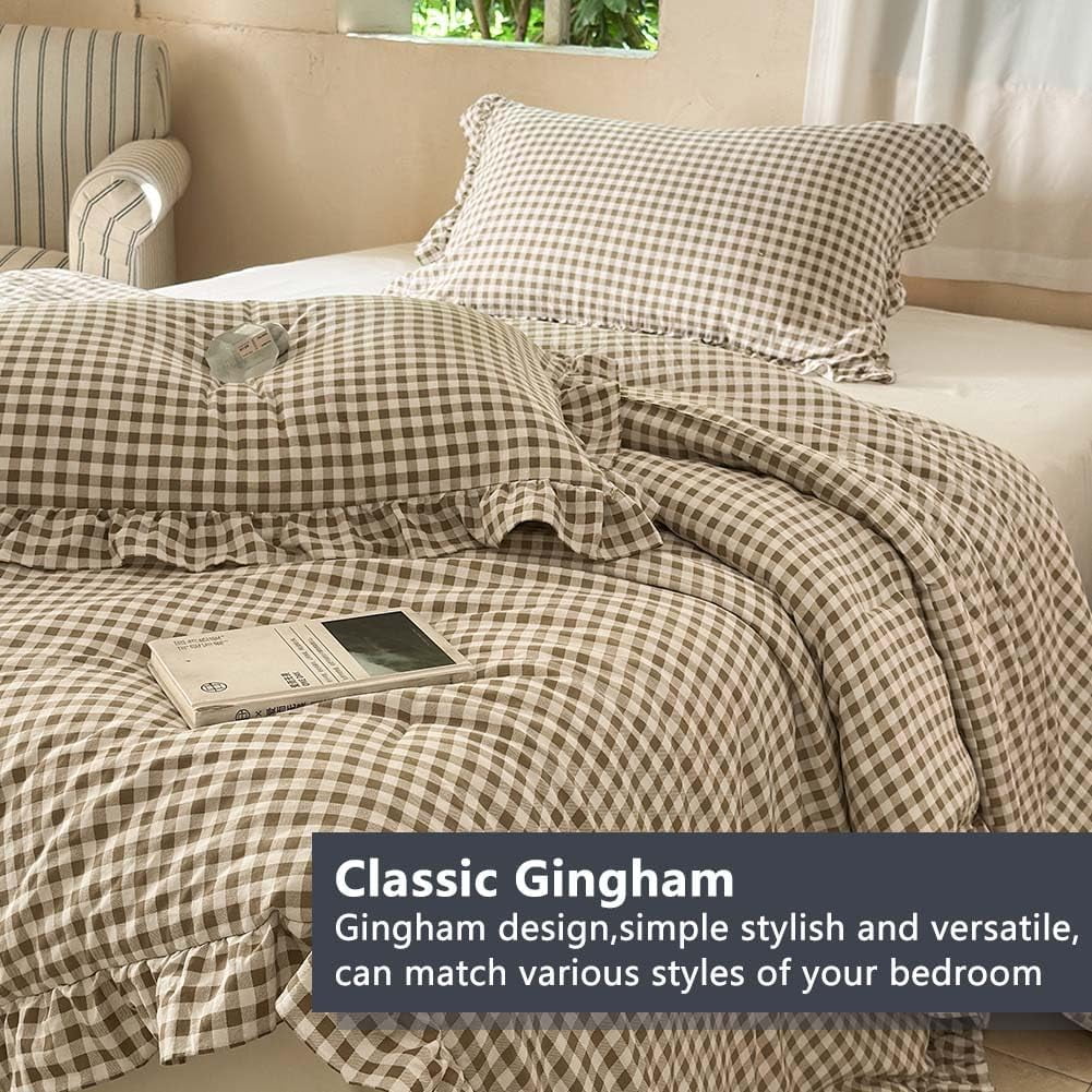 Luxurious Quilted Tan Gingham Ruffle Queen Comforter Set, Taupe Ruffled Plaid Bedding Set, Ruffled Checked Bed Comforter 3 Pieces(Tan G... - Luxurious Quilted Duvet Cover Set Detail