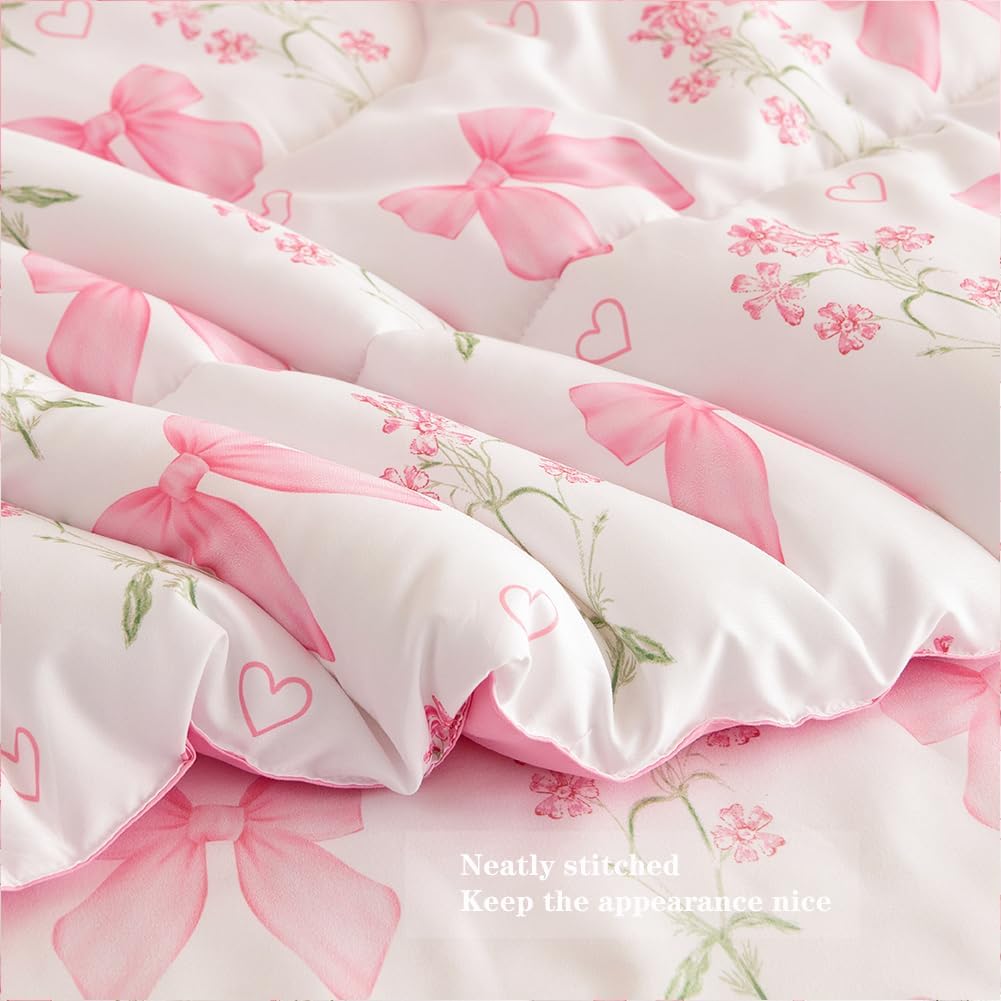 Fluffy Down Alternative Pink Bowknot Girls Comforter Set Twin Size, 3 Pieces Bows Princess Style Bedding Set for Girls for All Season - Hypoallergenic Ultra-Fluffy Quilt for Winter Detail