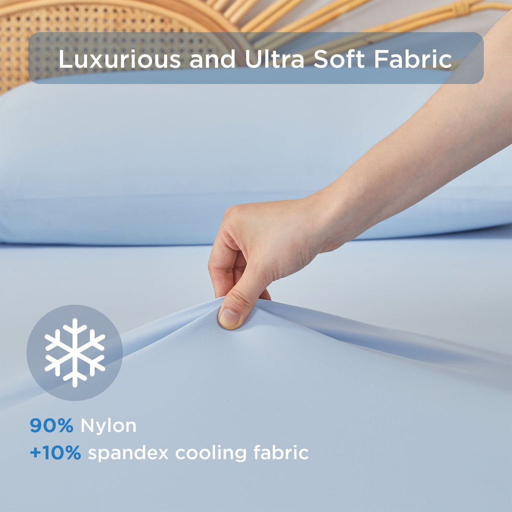 Wrinkle-Resistant Full/QueenSize Sheet Set, 3 Piece Cooling Bed Sheet with Deep Pocket for Hot Sleepers, Ice Blue - Luxury Bed Sheet Set with Deep Pockets Detail