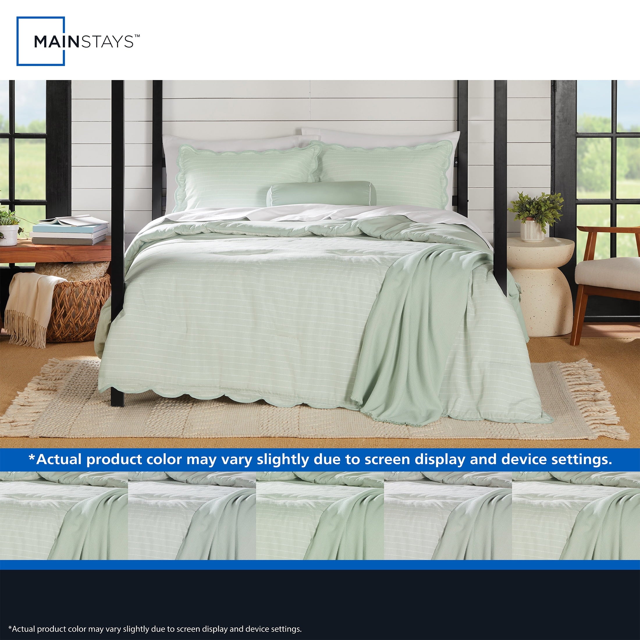 Heavyweight Warmth Full/Queen Comforter Set, All-Season, 5-Piece, Sage Pick Stitch Scallop - Luxurious Quilted Duvet Cover Set Detail