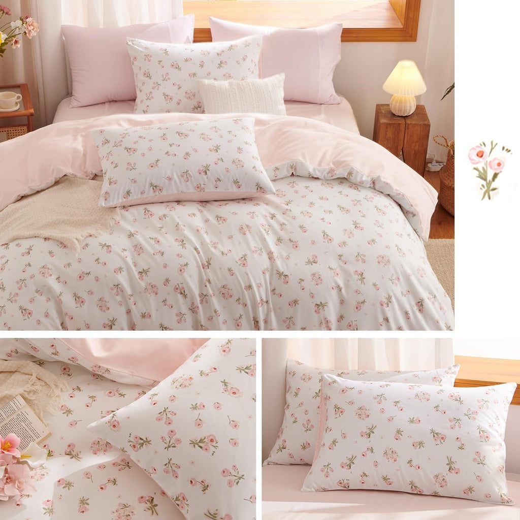 Fluffy Down Alternative Pink loyalty Floral Comforter Queen Sets, 3 Pieces Chic Botanical Pink White Floral Reversible Comforter for All Season - Luxurious Quilted Duvet Cover Set Detail
