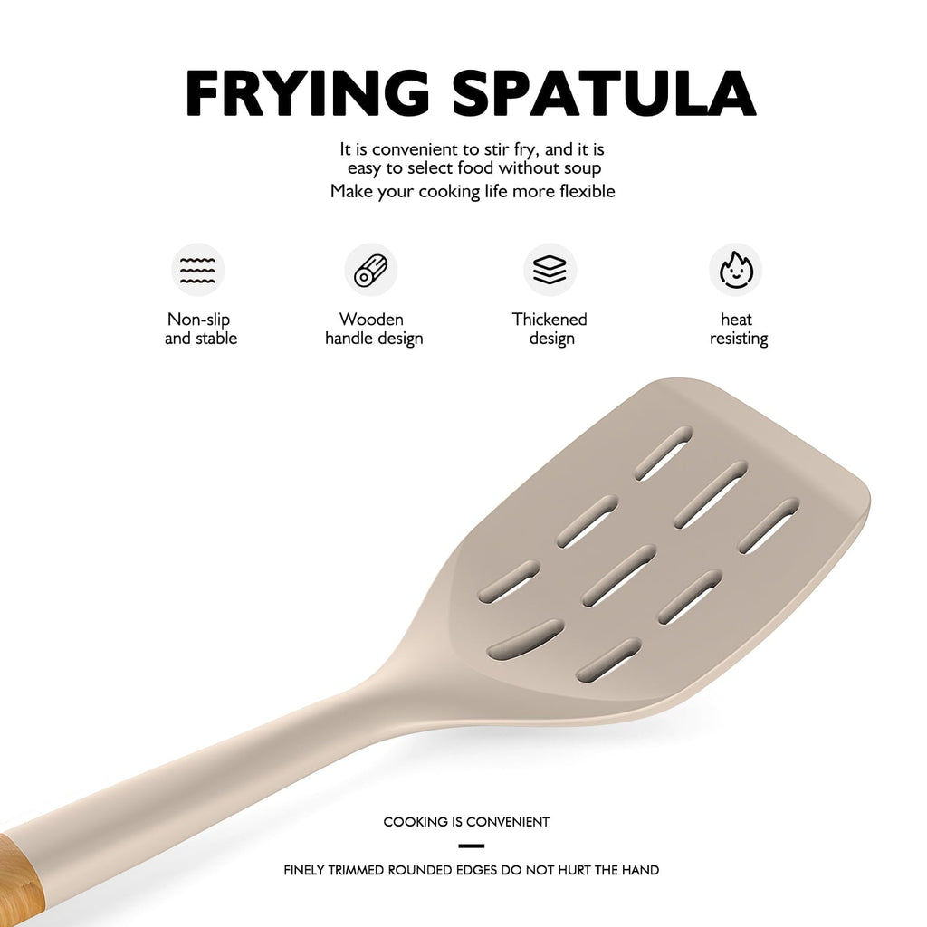 Non-Stick Safe Large Silicone Cooking Utensils - Heat Resistant Kitchen Utensil Set with Wooden Handles, Spatula,Turner, Slotted Spo... - Durable Turner & Ladle Utensil Set for Home Chefs Detail