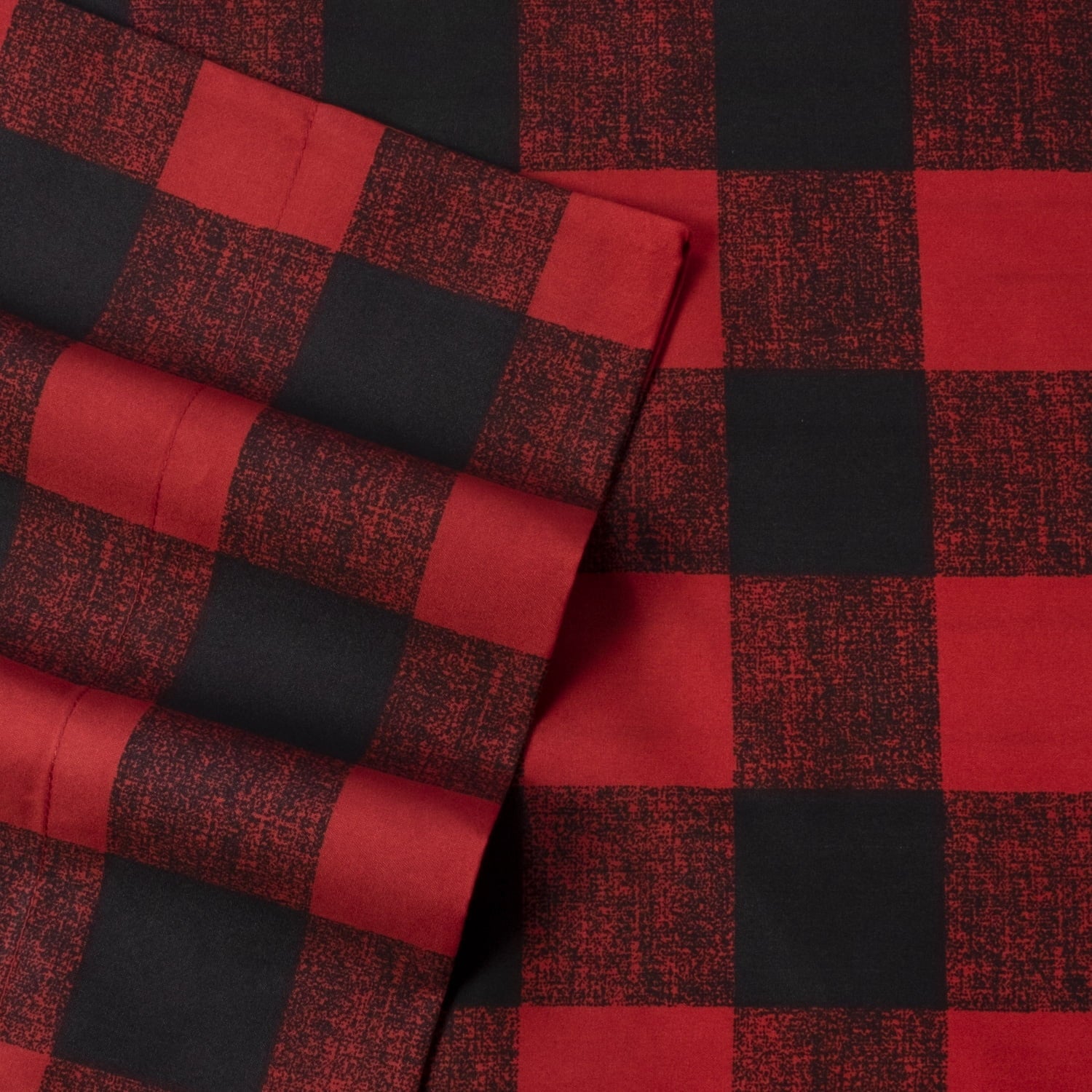 Breathable Luxury Buffalo Plaid Black and Red 4 Piece Bed Sheet Set - Twin - Breathable Egyptian Cotton Flat & Fitted Sheets Detail